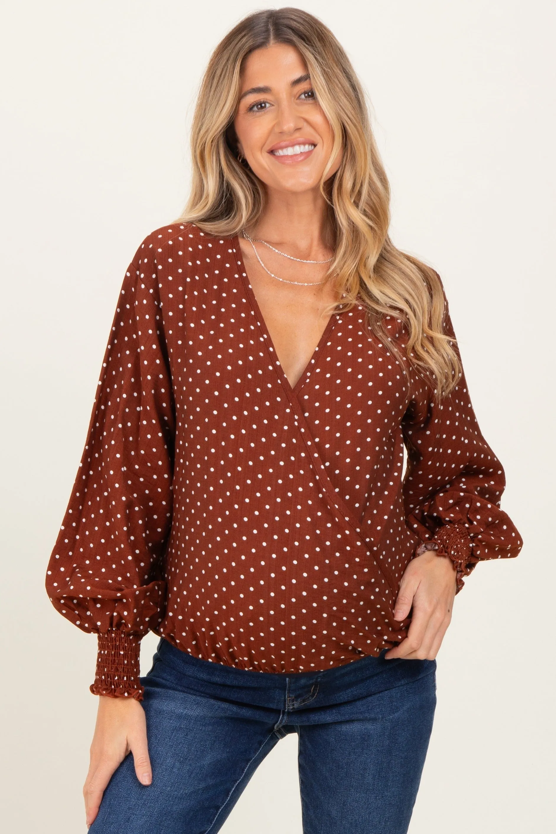 Brown Polka Dot Long Sleeve Smocked Maternity Top sold by Pinkblush
