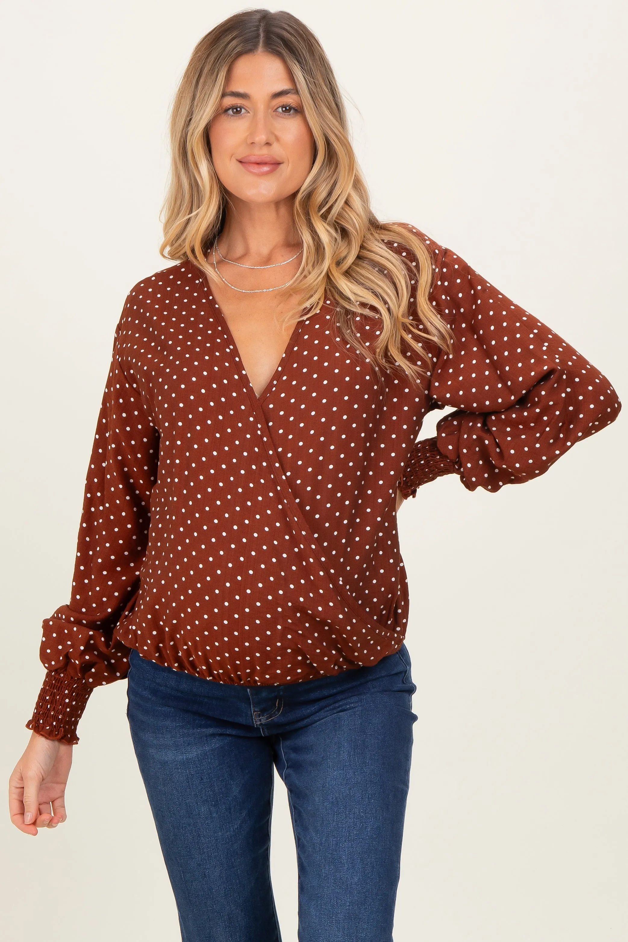 Brown Polka Dot Long Sleeve Smocked Maternity Top sold by Pinkblush product image thumbnail 2