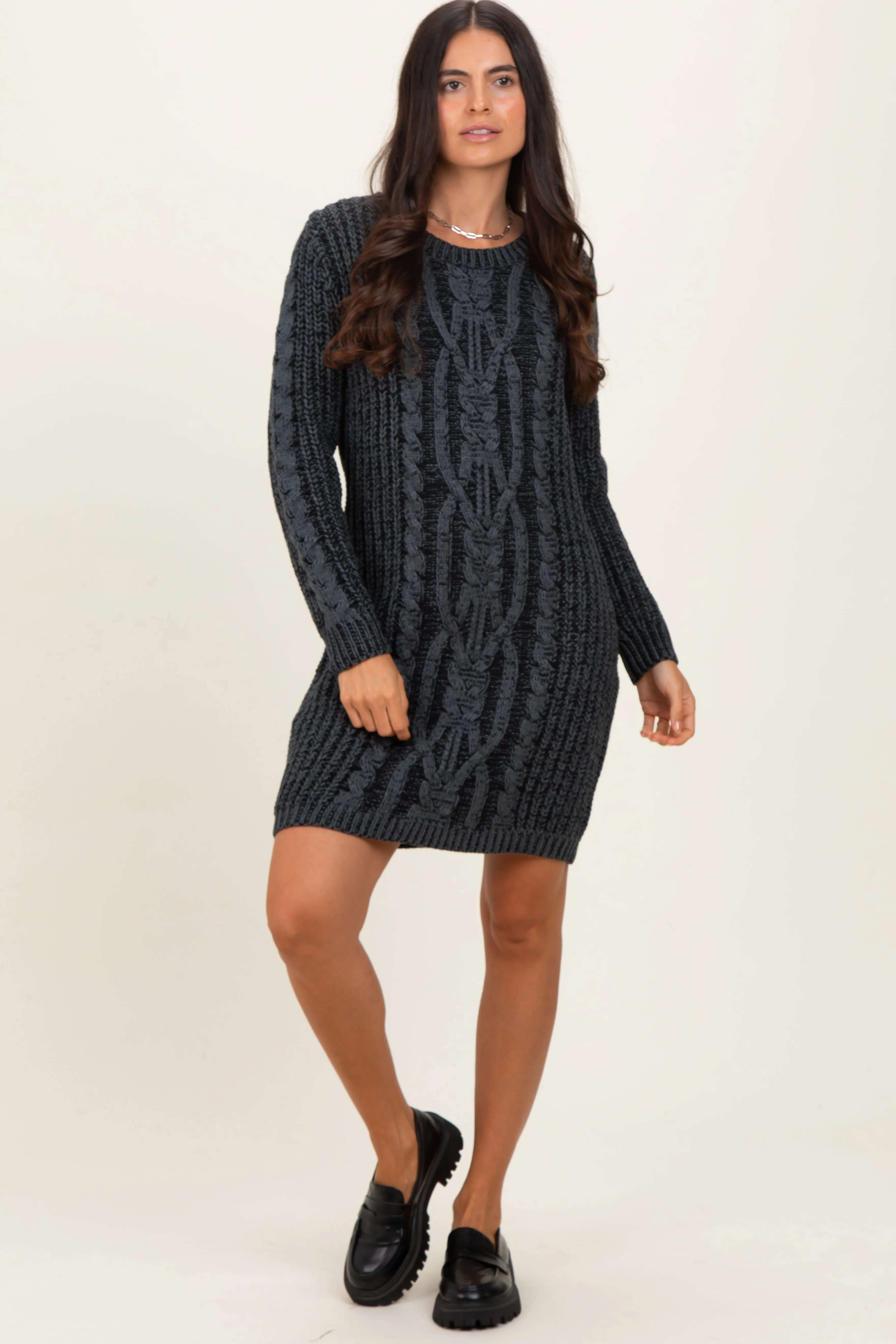 Black Two Tone Cable Knit Mini Sweater Dress sold by Pinkblush