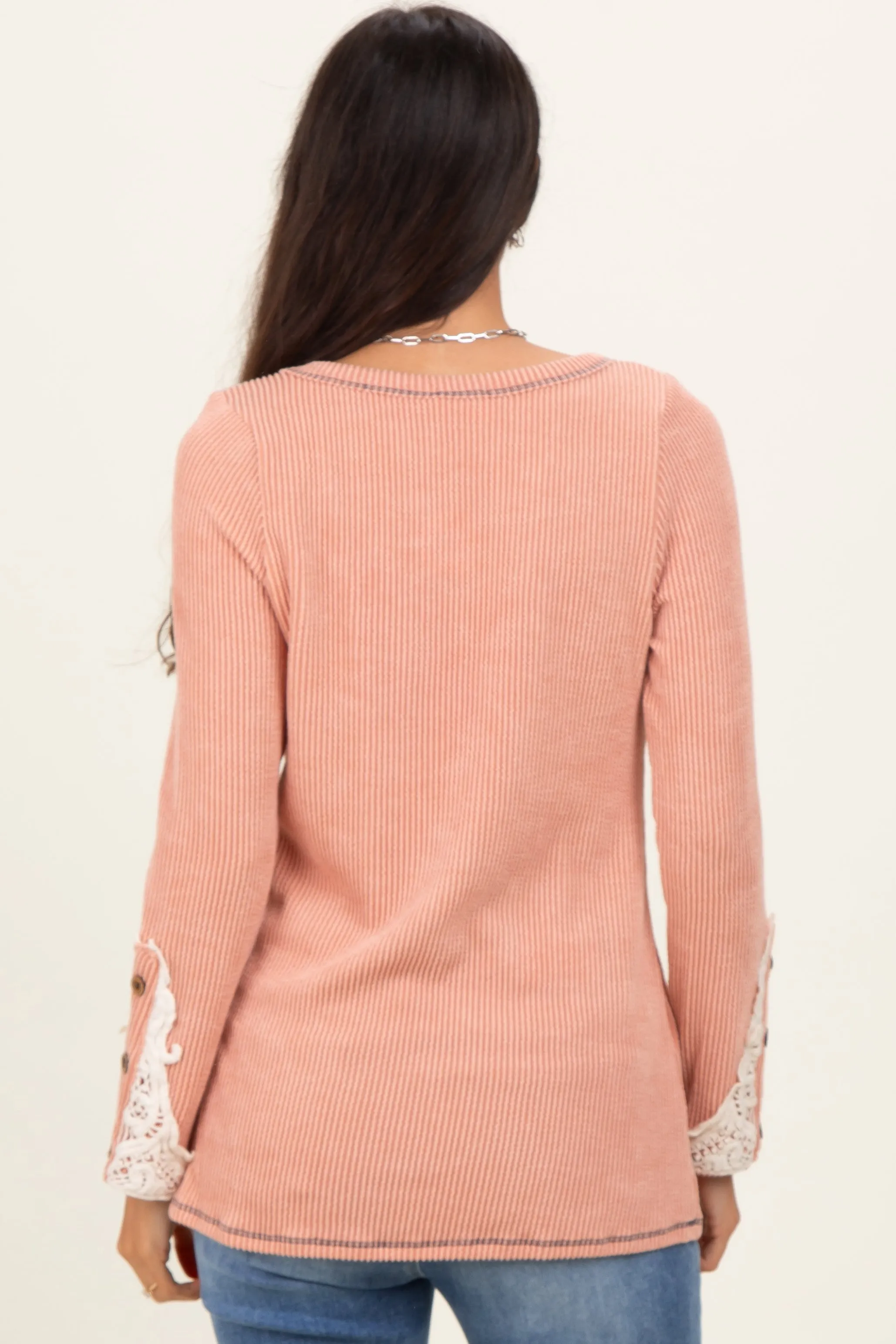 Peach Textured Rib Crochet Lace Detail Long Sleeve Top sold by Pinkblush product image thumbnail 4