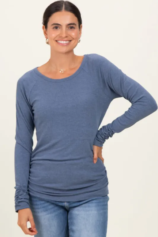 Blue Solid Ribbed Ruched Long Sleeve Top sold by Pinkblush