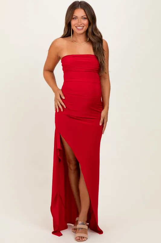 Red Strapless Front Slit Maternity Maxi Dress sold by Pinkblush