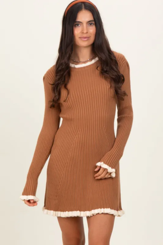 Camel Ribbed Knit Contrast Ruffle Trim Mini Dress sold by Pinkblush