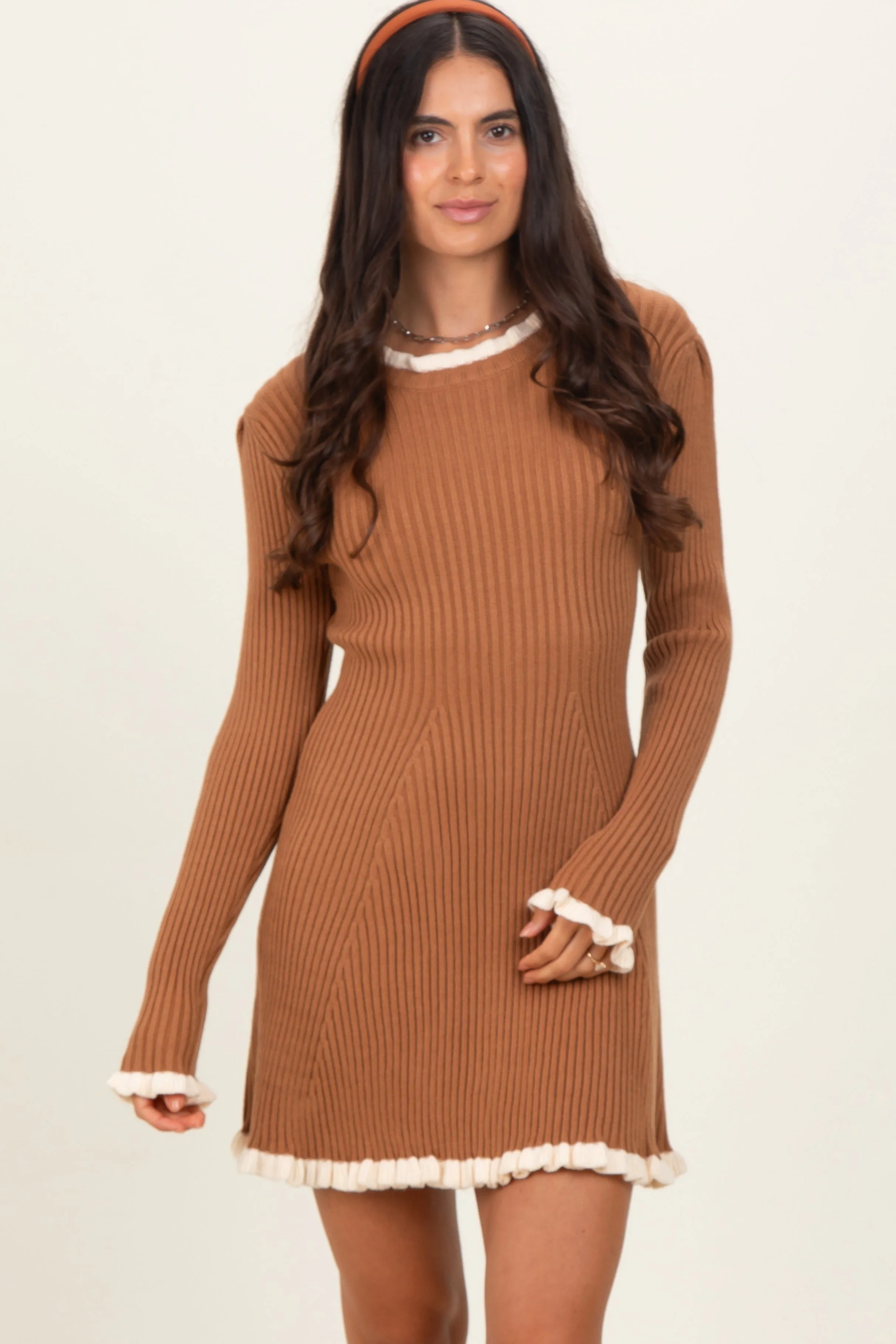 Camel Ribbed Knit Contrast Ruffle Trim Mini Dress sold by Pinkblush
