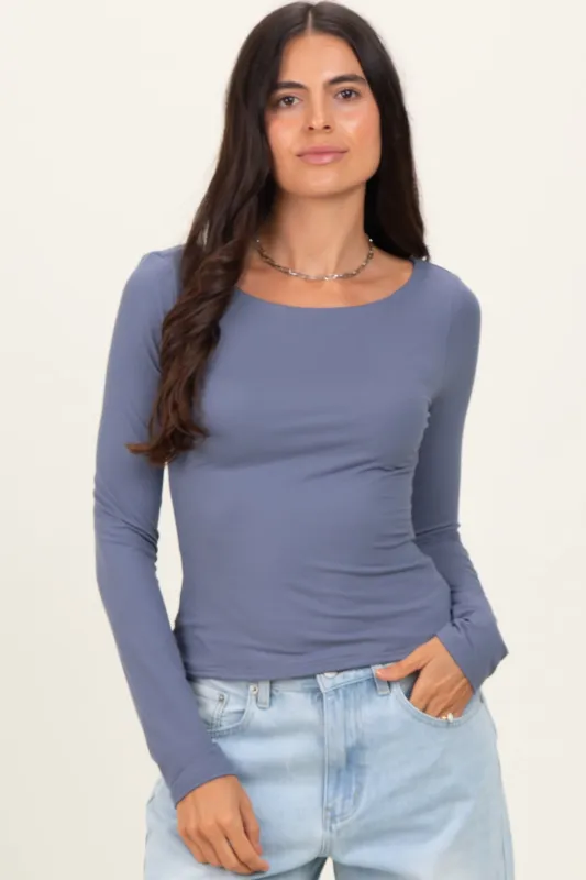 Blue Scoop Neck Long Sleeve Top sold by Pinkblush