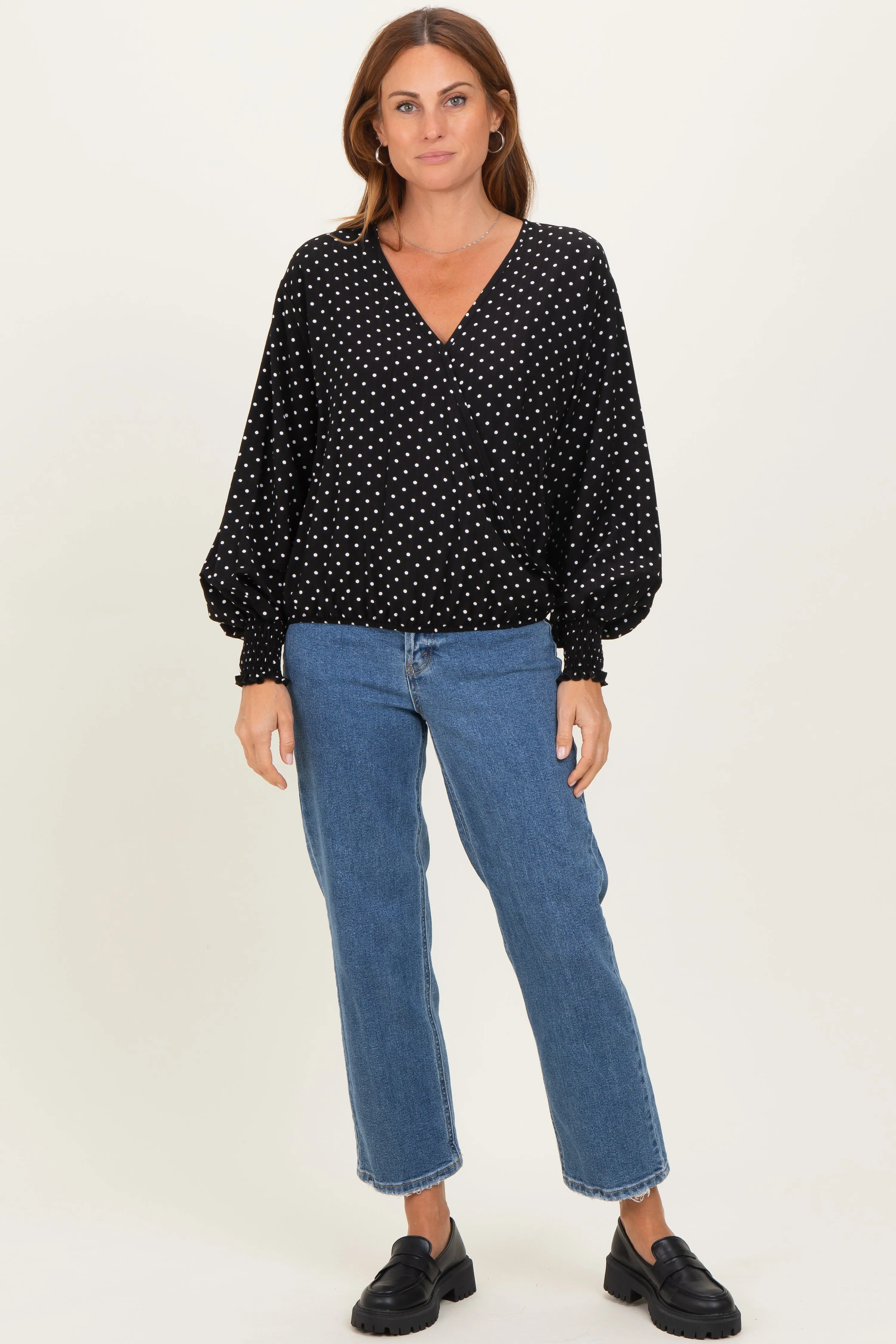 Black Polka Dot Long Sleeve Smocked Top sold by Pinkblush product image thumbnail 2