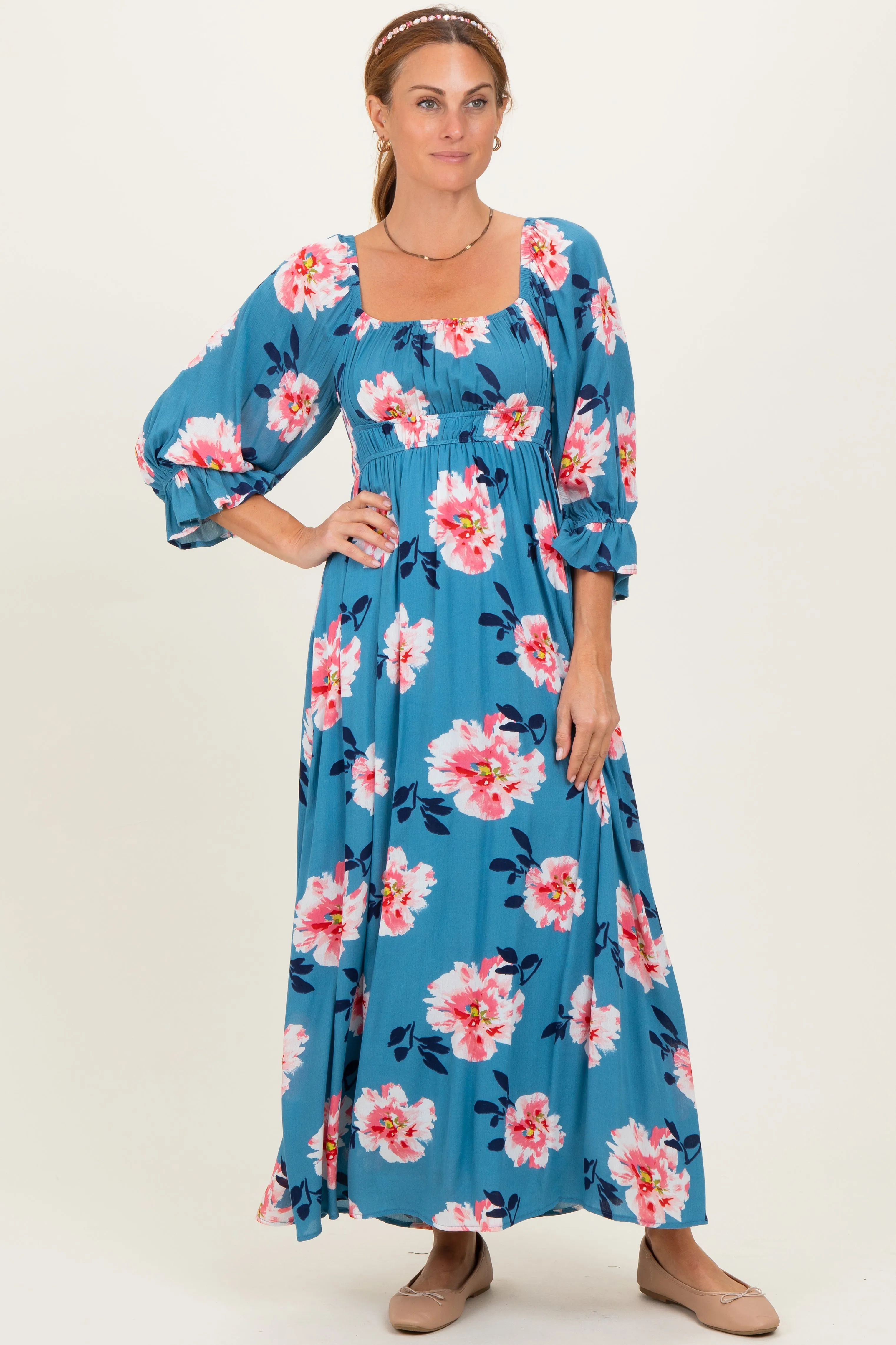 Light Blue Floral Long Sleeve Square Neck Smocked Maxi Dress sold by Pinkblush product image thumbnail 2