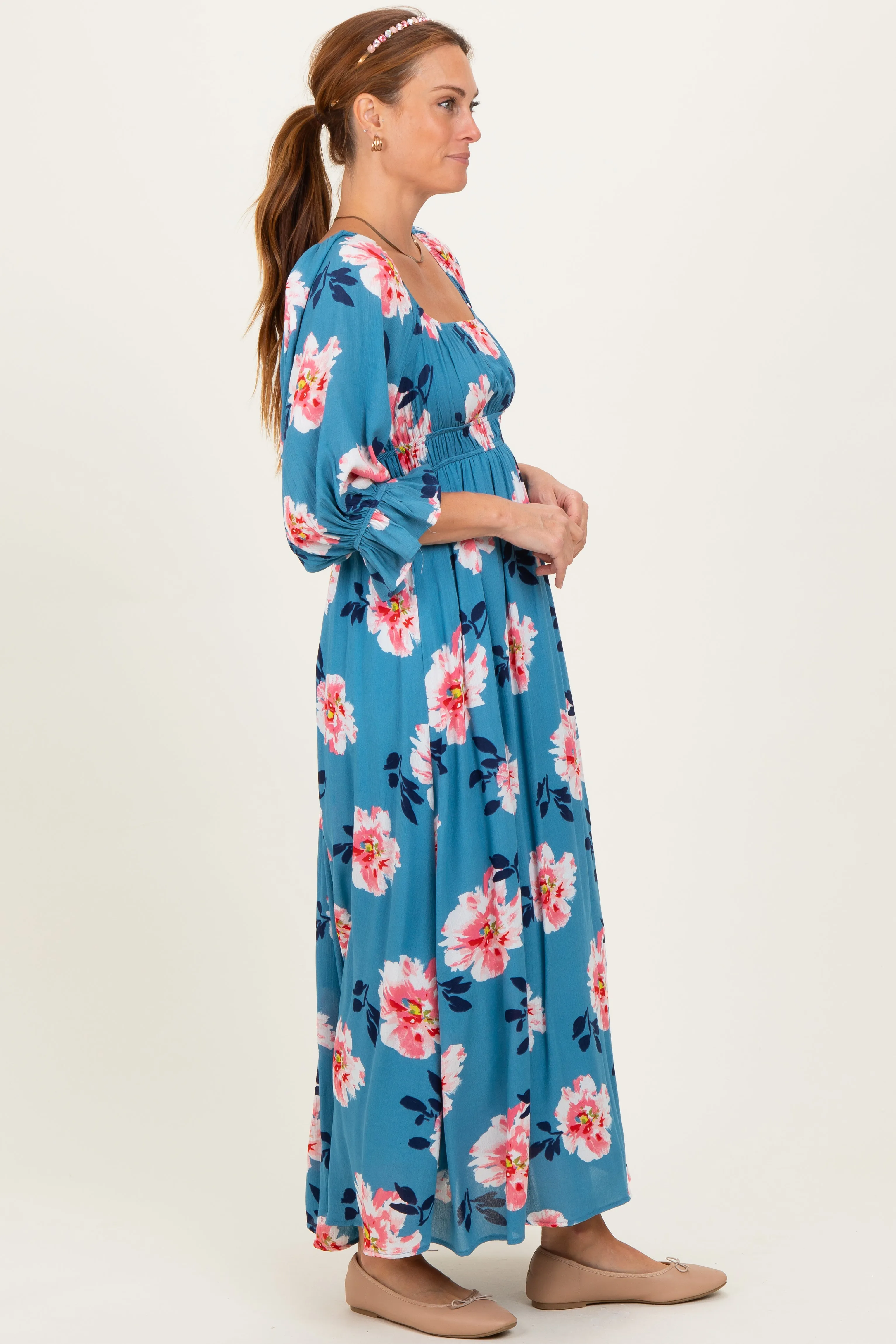 Light Blue Floral Long Sleeve Square Neck Smocked Maxi Dress sold by Pinkblush product image thumbnail 3