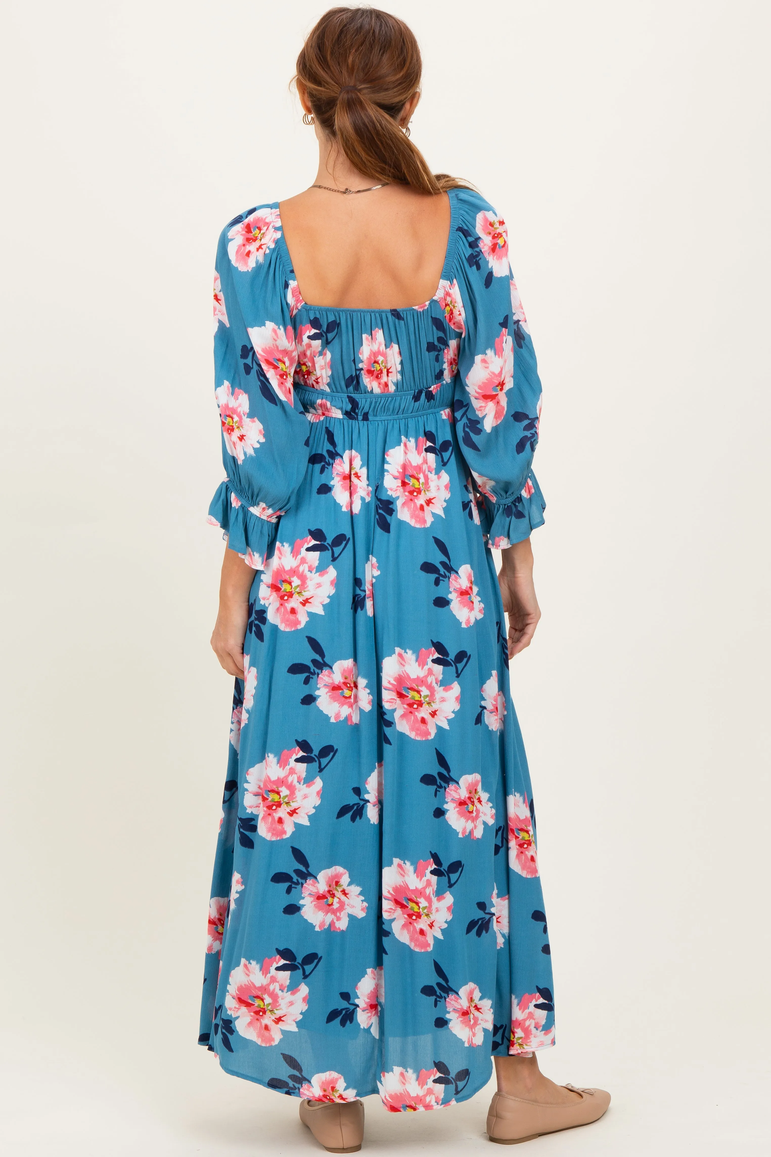 Light Blue Floral Long Sleeve Square Neck Smocked Maxi Dress sold by Pinkblush product image thumbnail 4