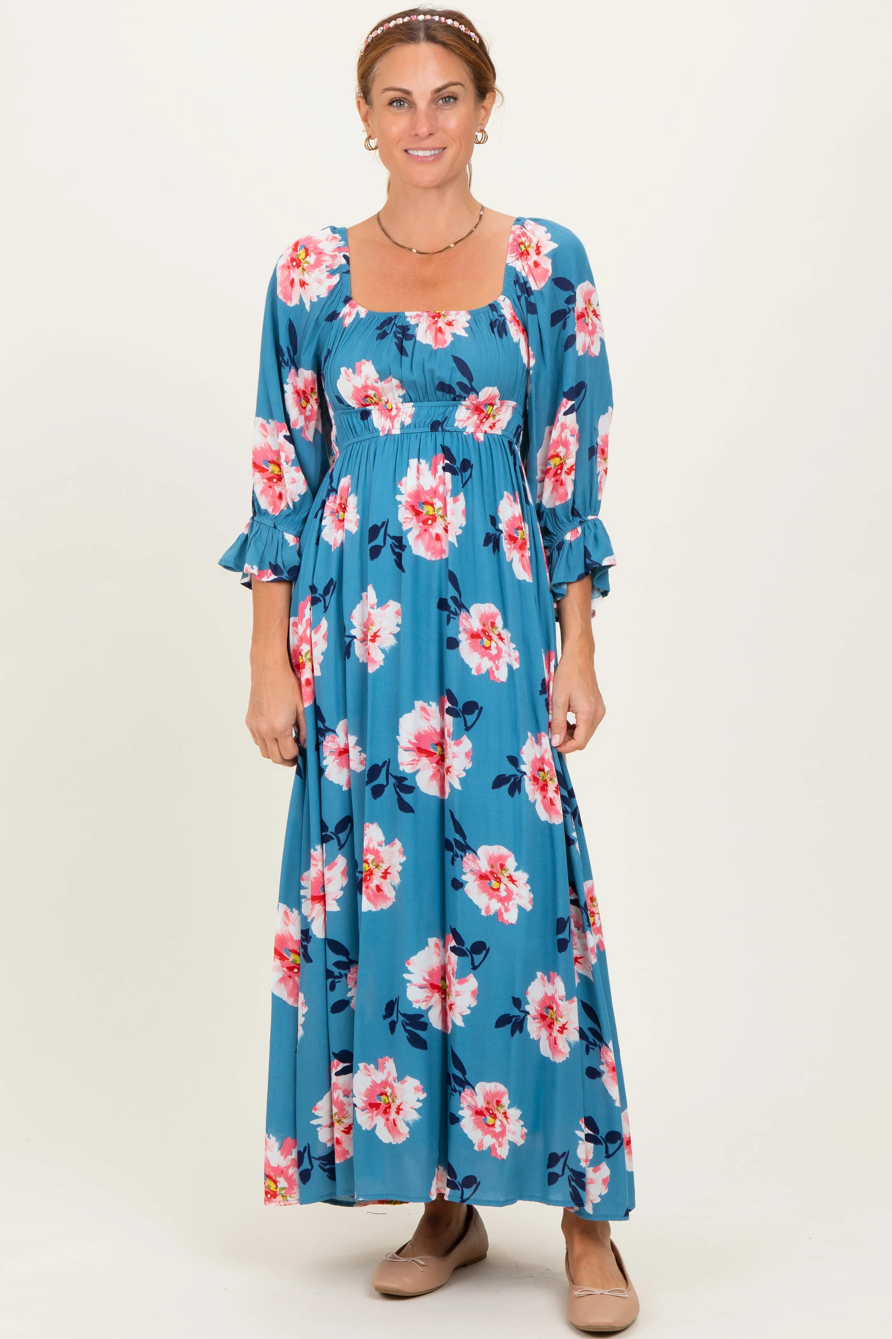 Light Blue Floral Long Sleeve Square Neck Smocked Maxi Dress sold by Pinkblush