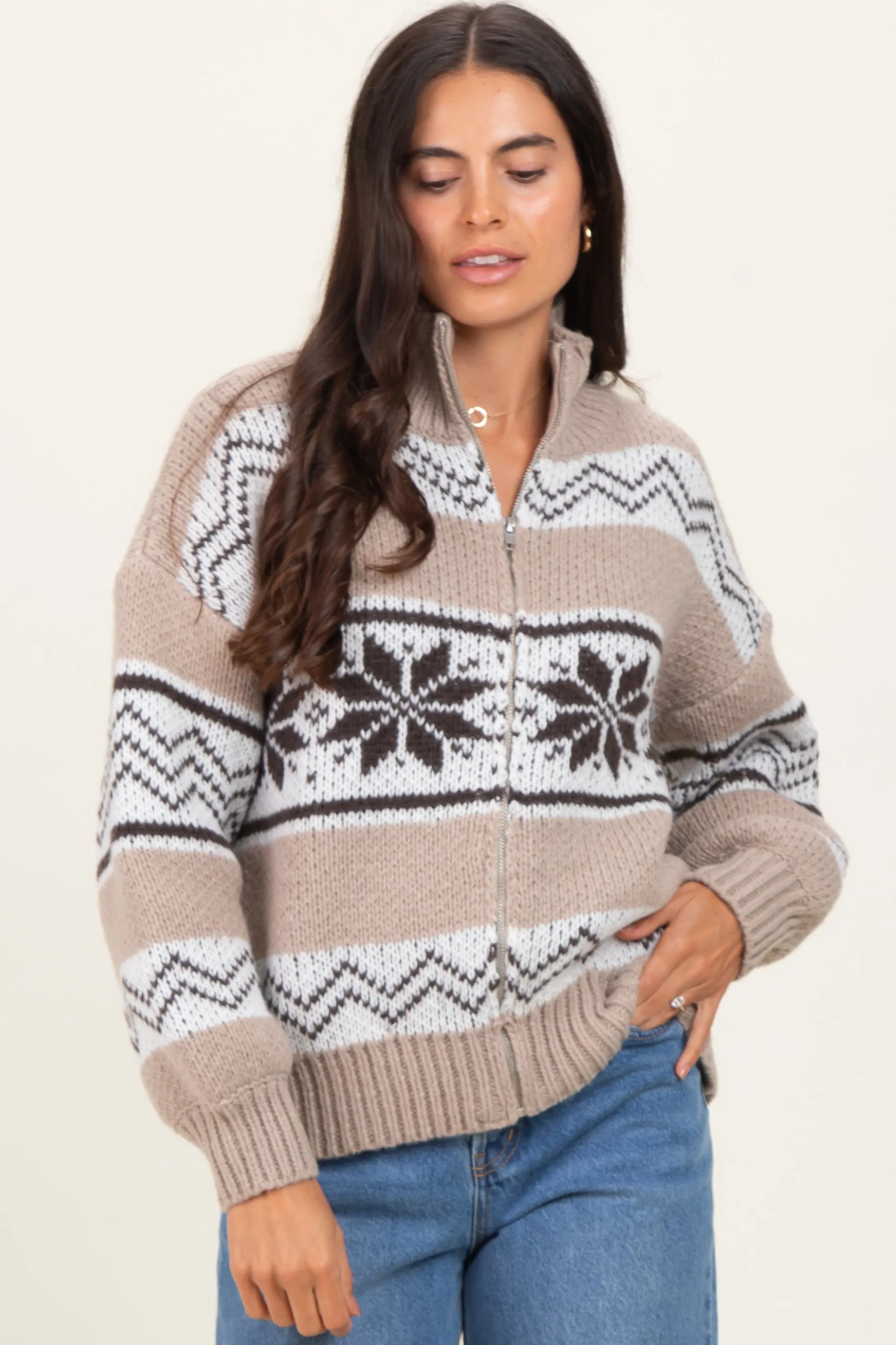 Brown Fair Isle Print Zip Up Sweater Jacket sold by Pinkblush product image thumbnail 2