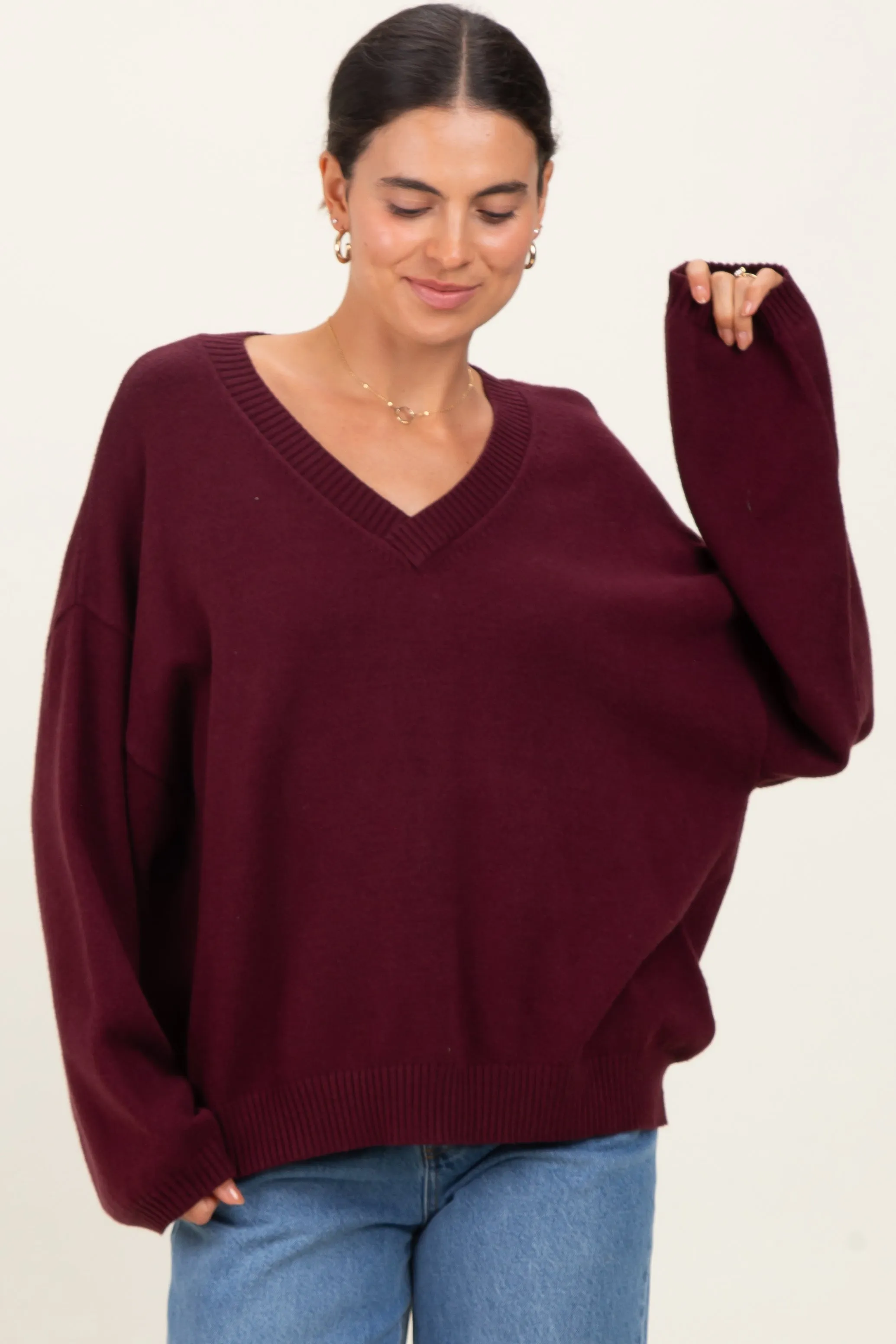 Burgundy V-Neck Drop Shoulder Maternity Sweater sold by Pinkblush product image thumbnail 2