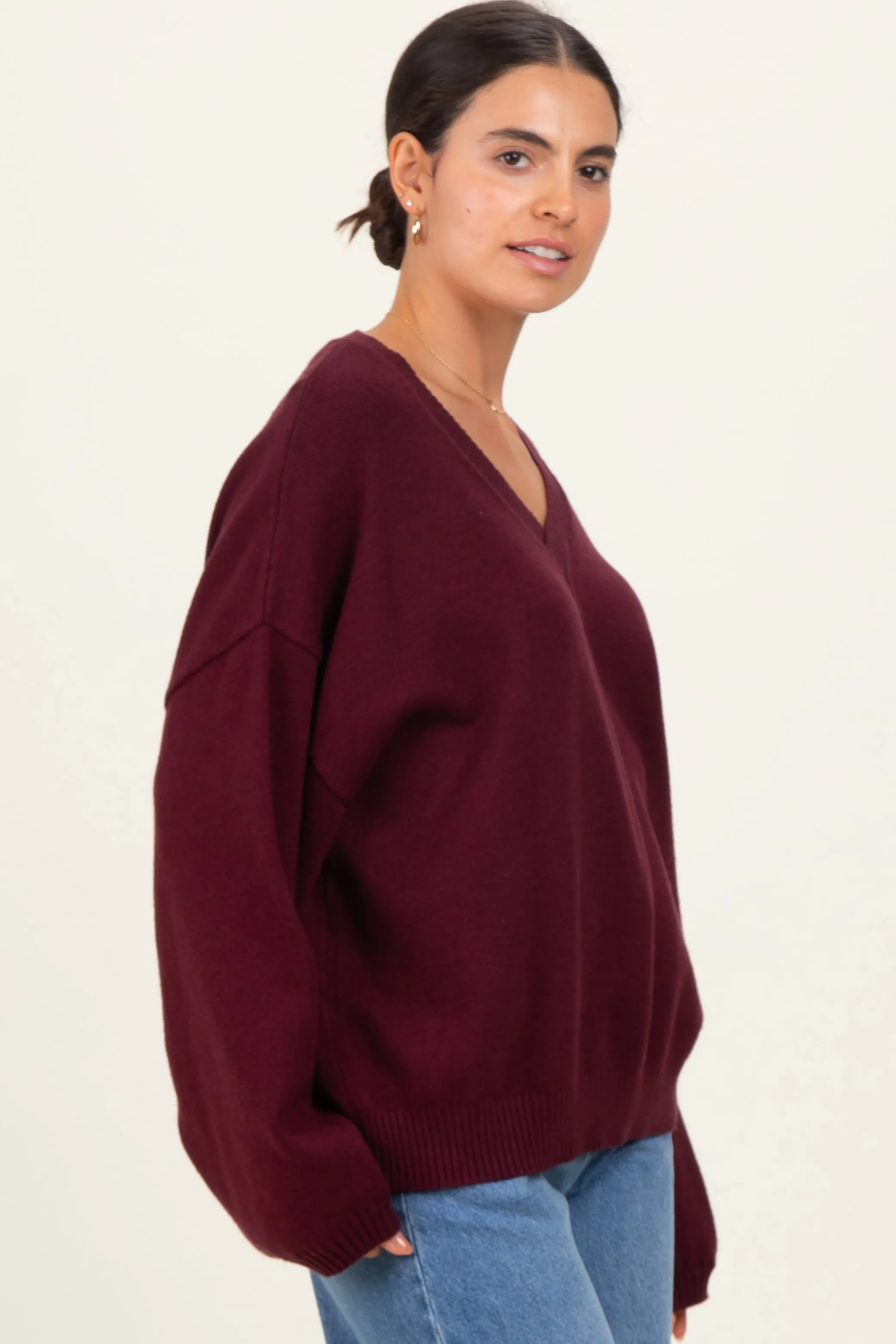 Burgundy V-Neck Drop Shoulder Maternity Sweater sold by Pinkblush product image thumbnail 3