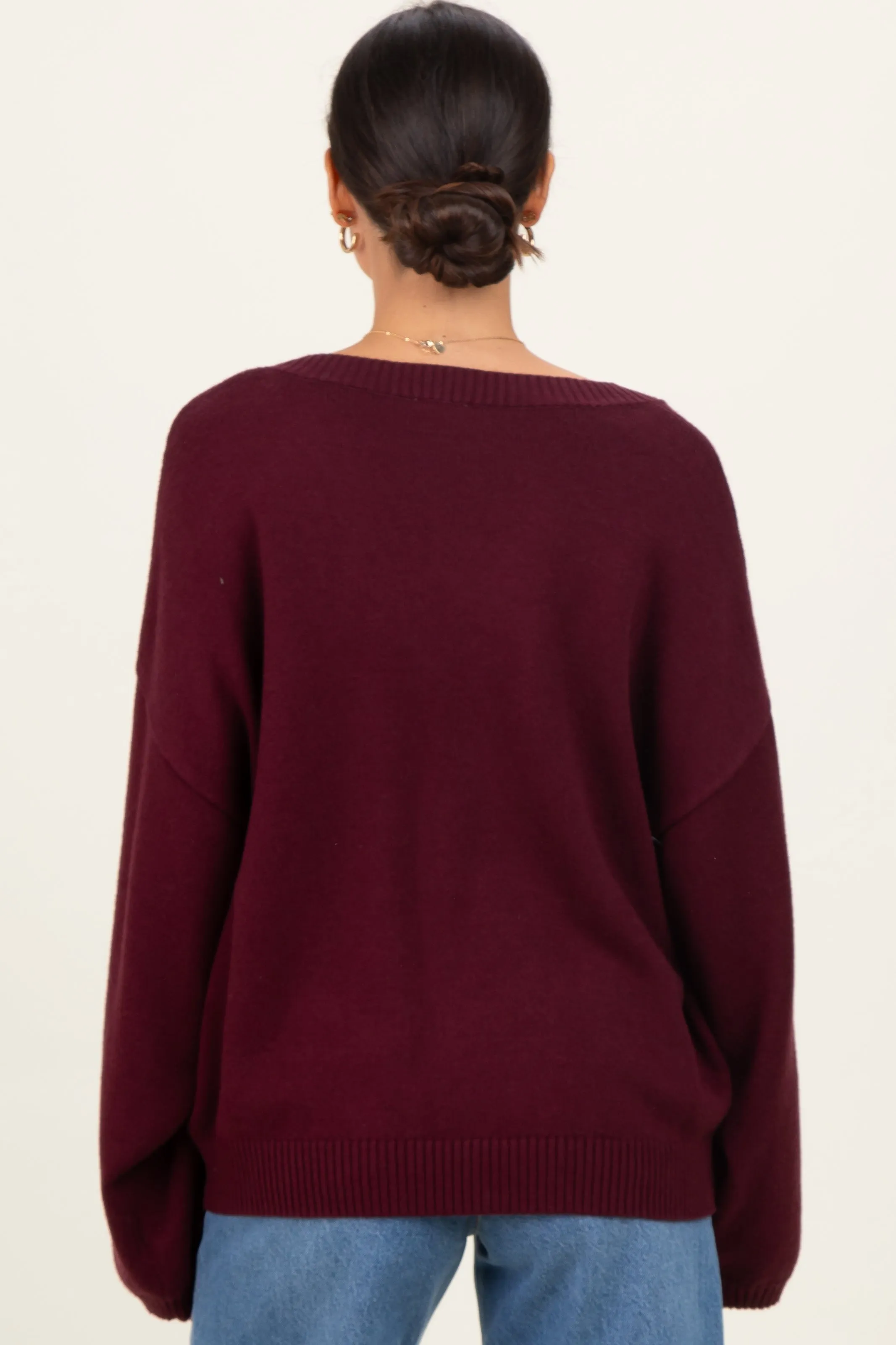 Burgundy V-Neck Drop Shoulder Maternity Sweater sold by Pinkblush product image thumbnail 4