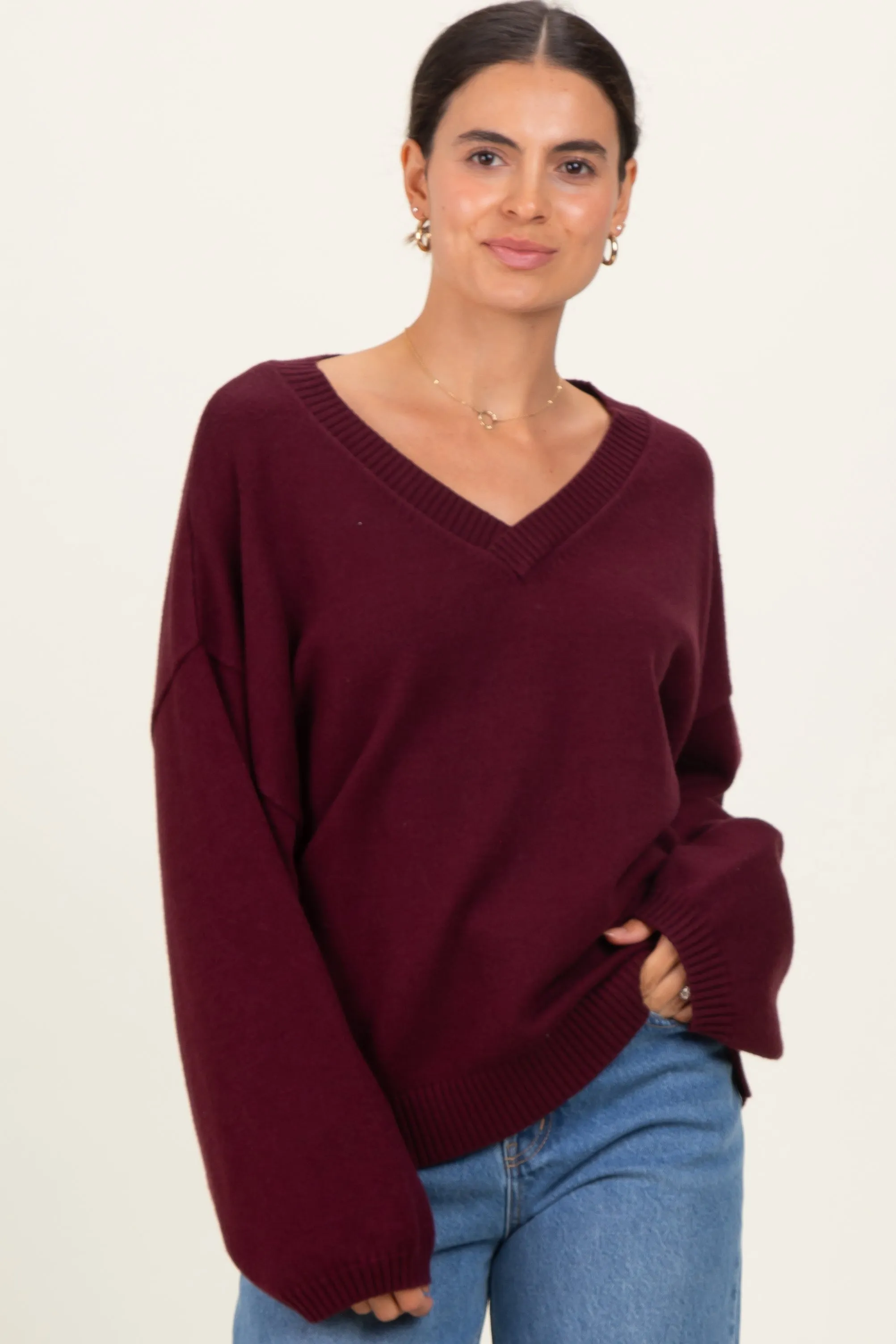 Burgundy V-Neck Drop Shoulder Maternity Sweater sold by Pinkblush