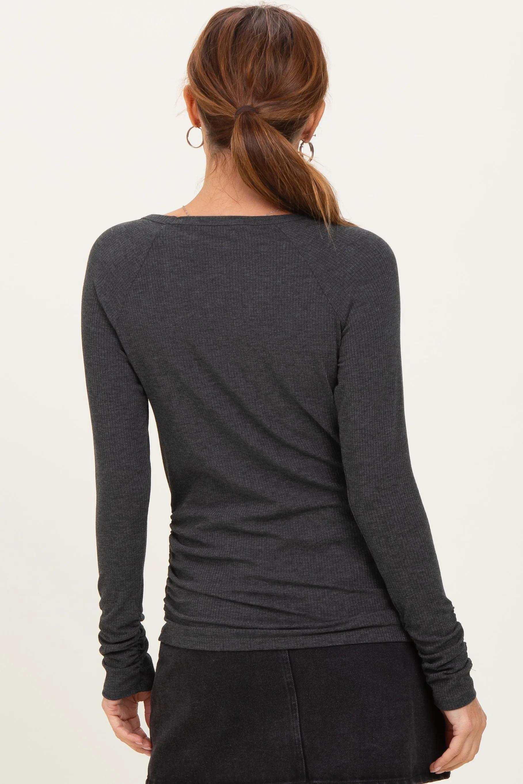 Charcoal Solid Ribbed Ruched Long Sleeve Top sold by Pinkblush product image thumbnail 4