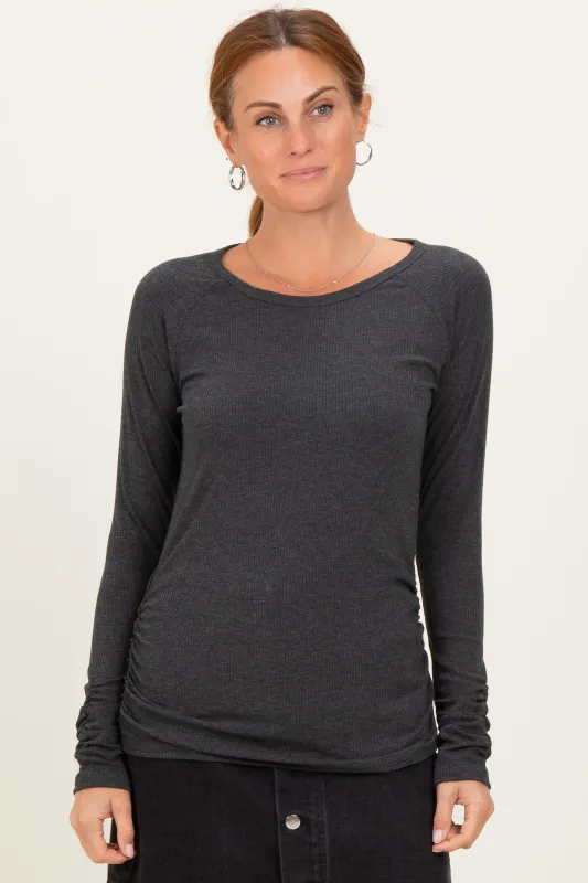 Charcoal Solid Ribbed Ruched Long Sleeve Top sold by Pinkblush