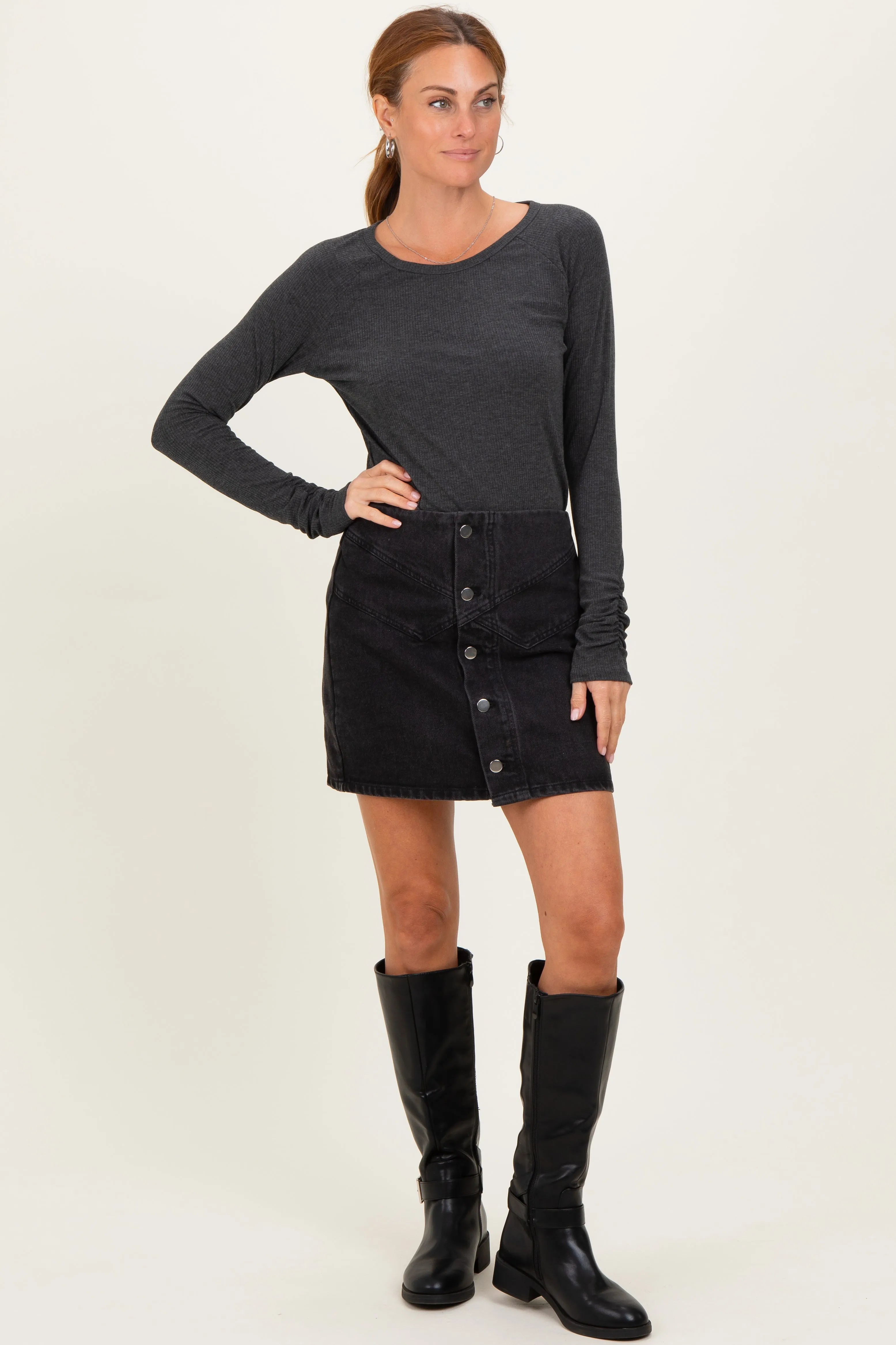 Charcoal Solid Ribbed Ruched Long Sleeve Top sold by Pinkblush product image thumbnail 2