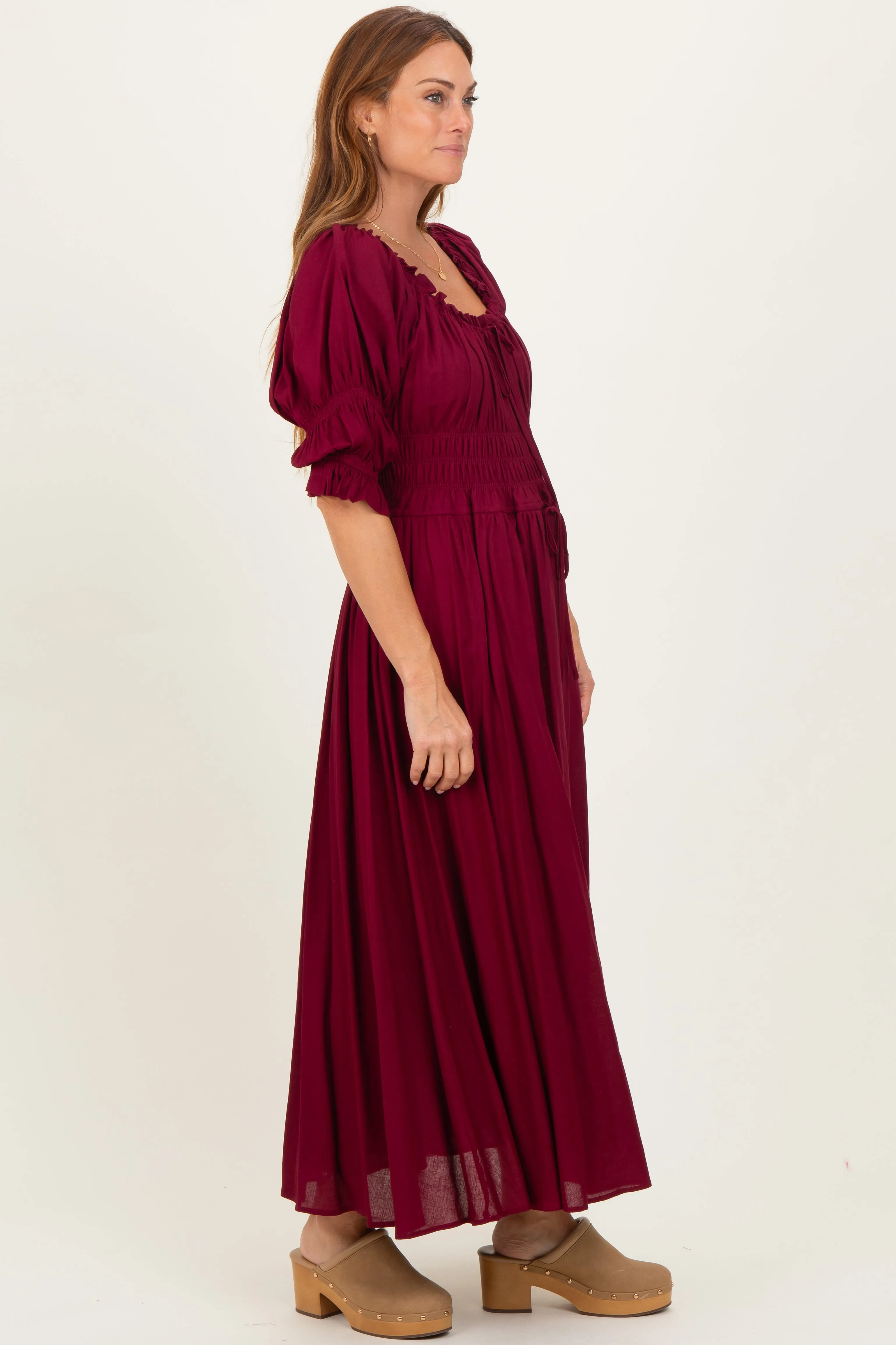 Burgundy Smocked Ruffle Square Neck Midi Dress sold by Pinkblush product image thumbnail 2