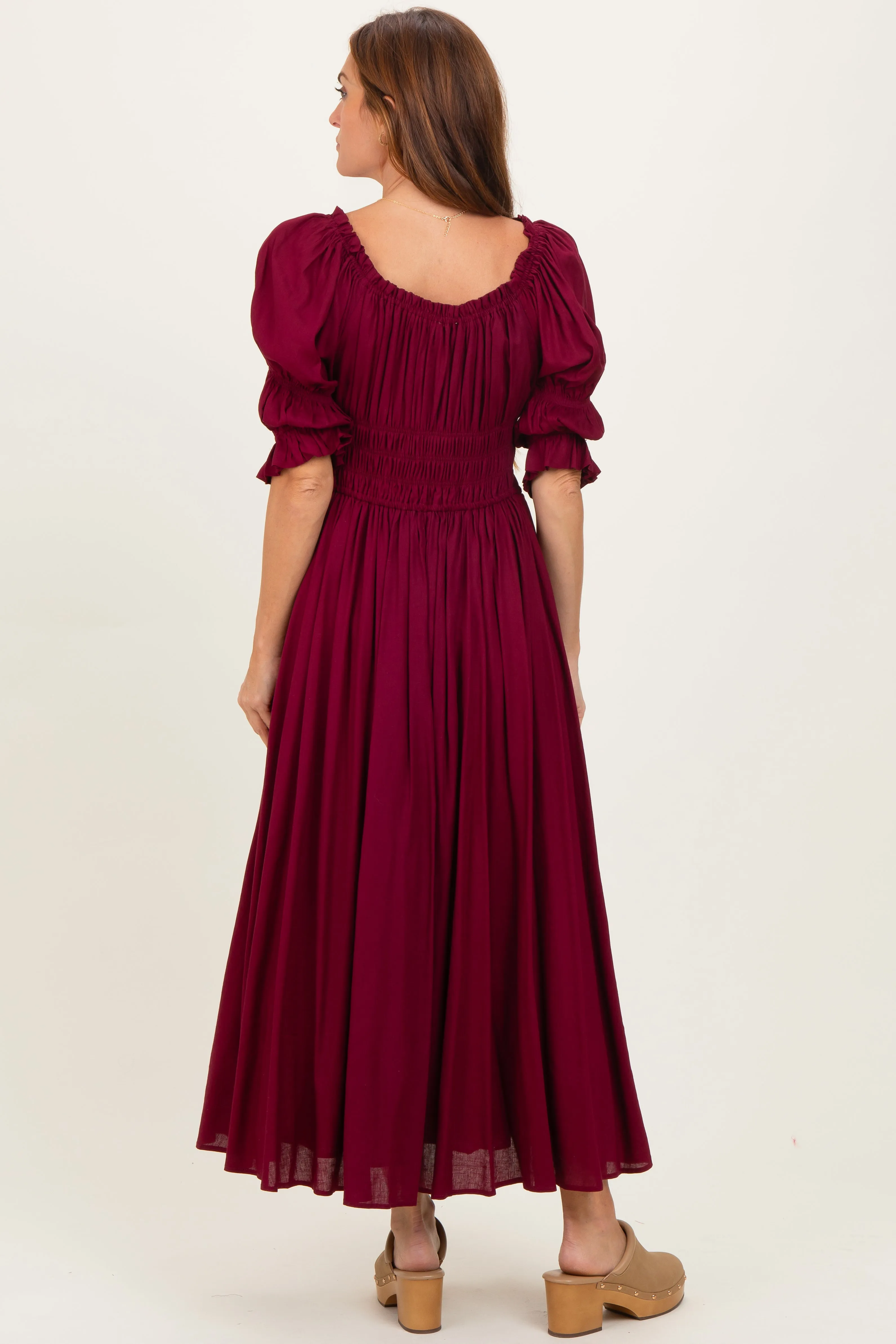 Burgundy Smocked Ruffle Square Neck Midi Dress sold by Pinkblush product image thumbnail 3