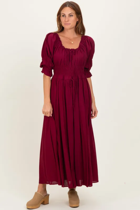Burgundy Smocked Ruffle Square Neck Midi Dress sold by Pinkblush