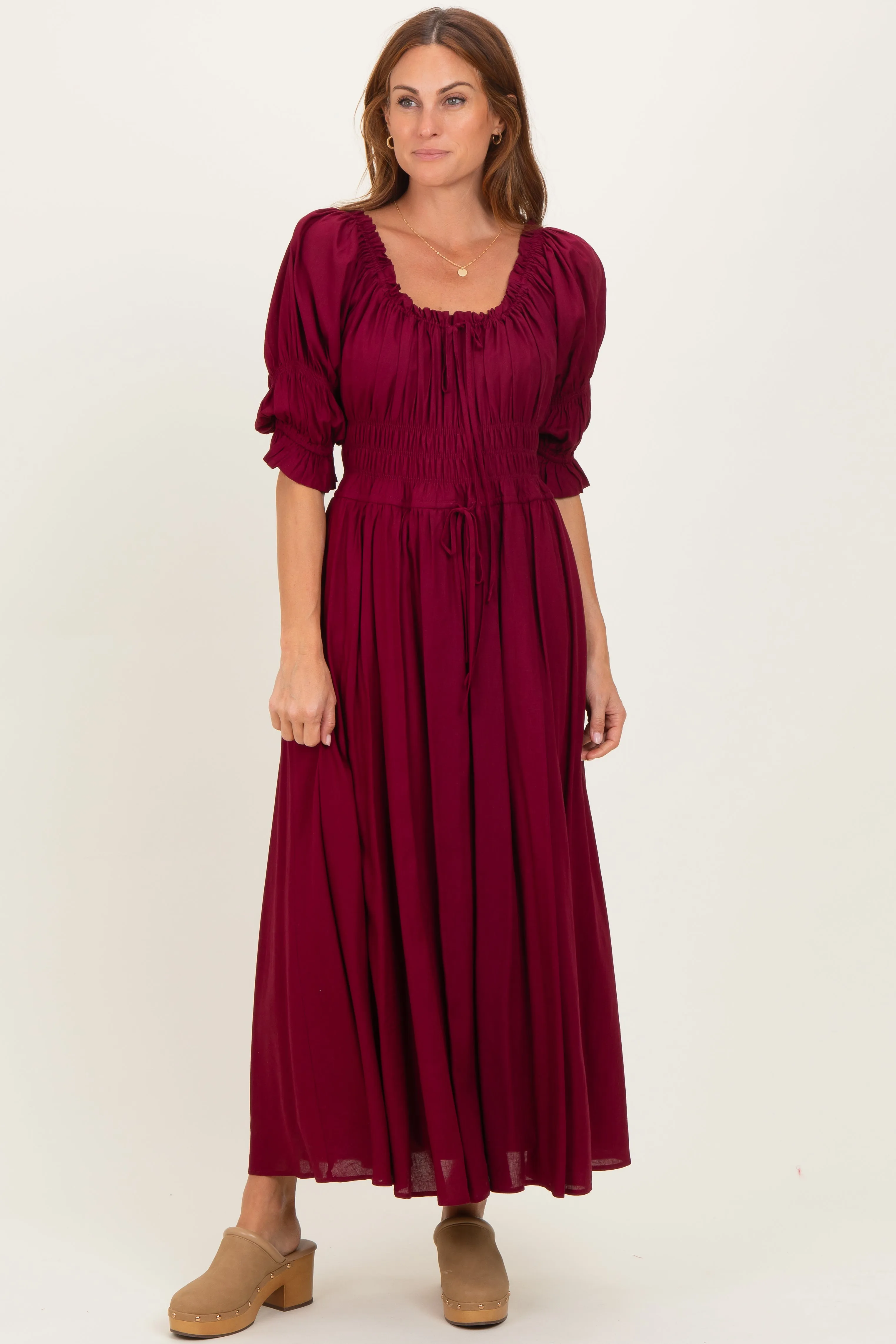Burgundy Smocked Ruffle Square Neck Midi Dress sold by Pinkblush