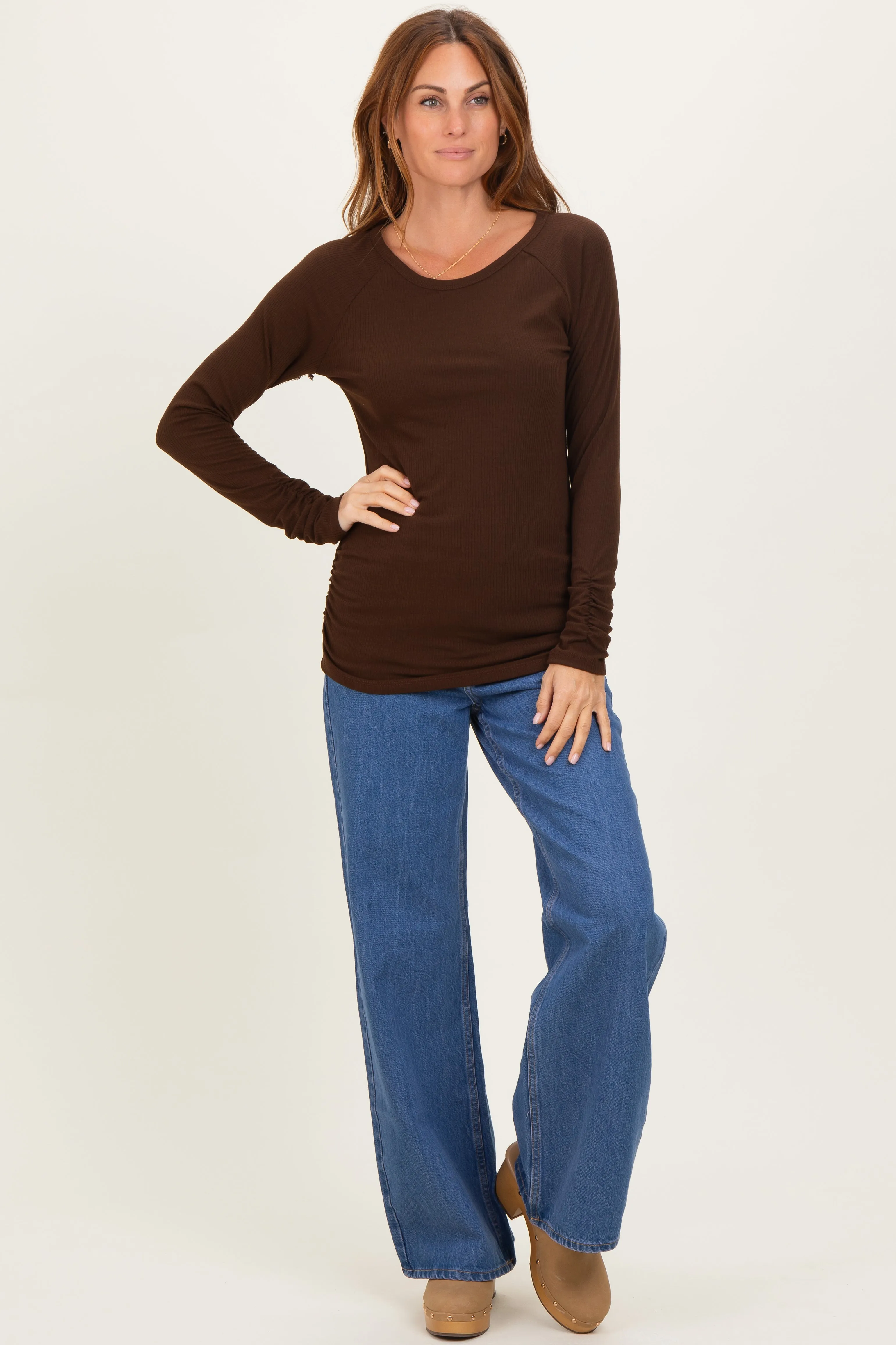 Brown Solid Ribbed Ruched Long Sleeve Top sold by Pinkblush product image thumbnail 2