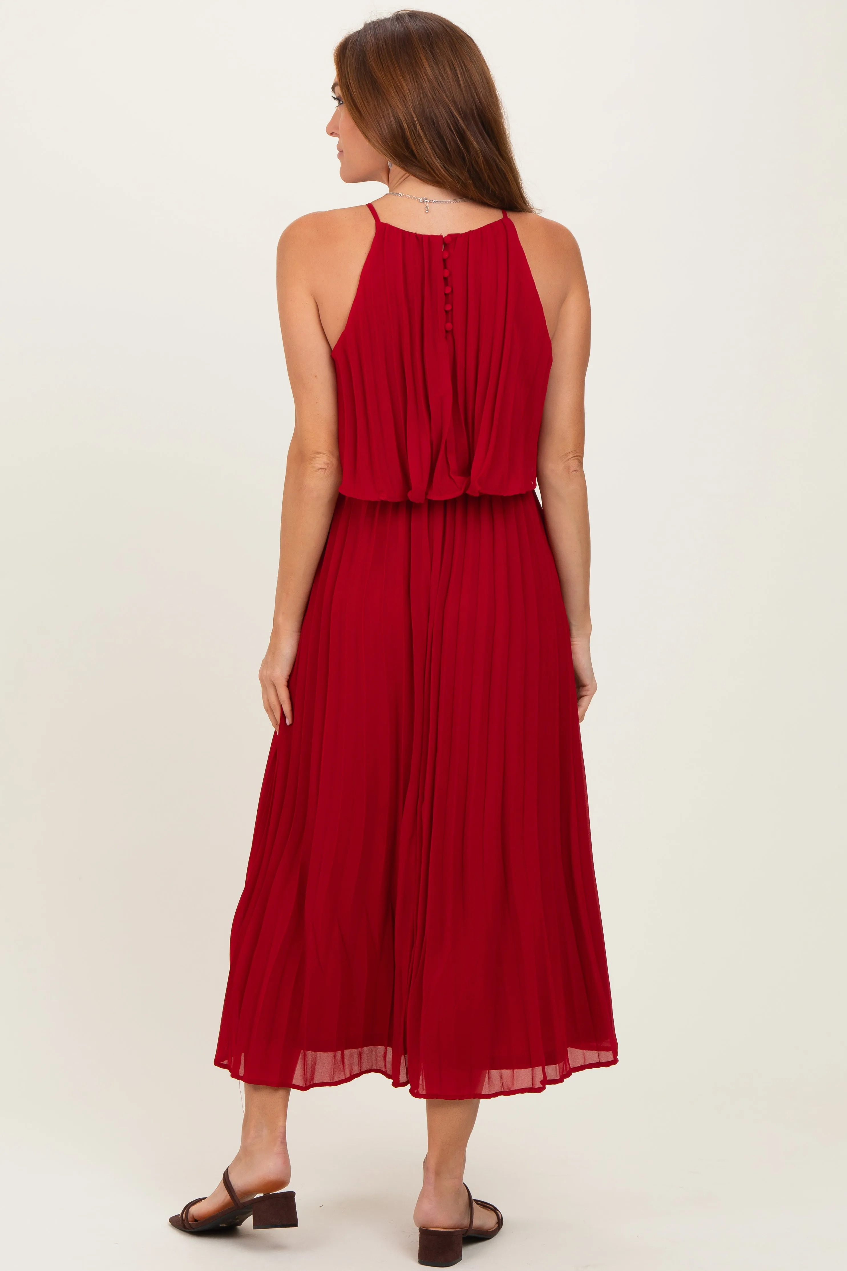 Burgundy Pleated Woven Midi Dress sold by Pinkblush product image thumbnail 4