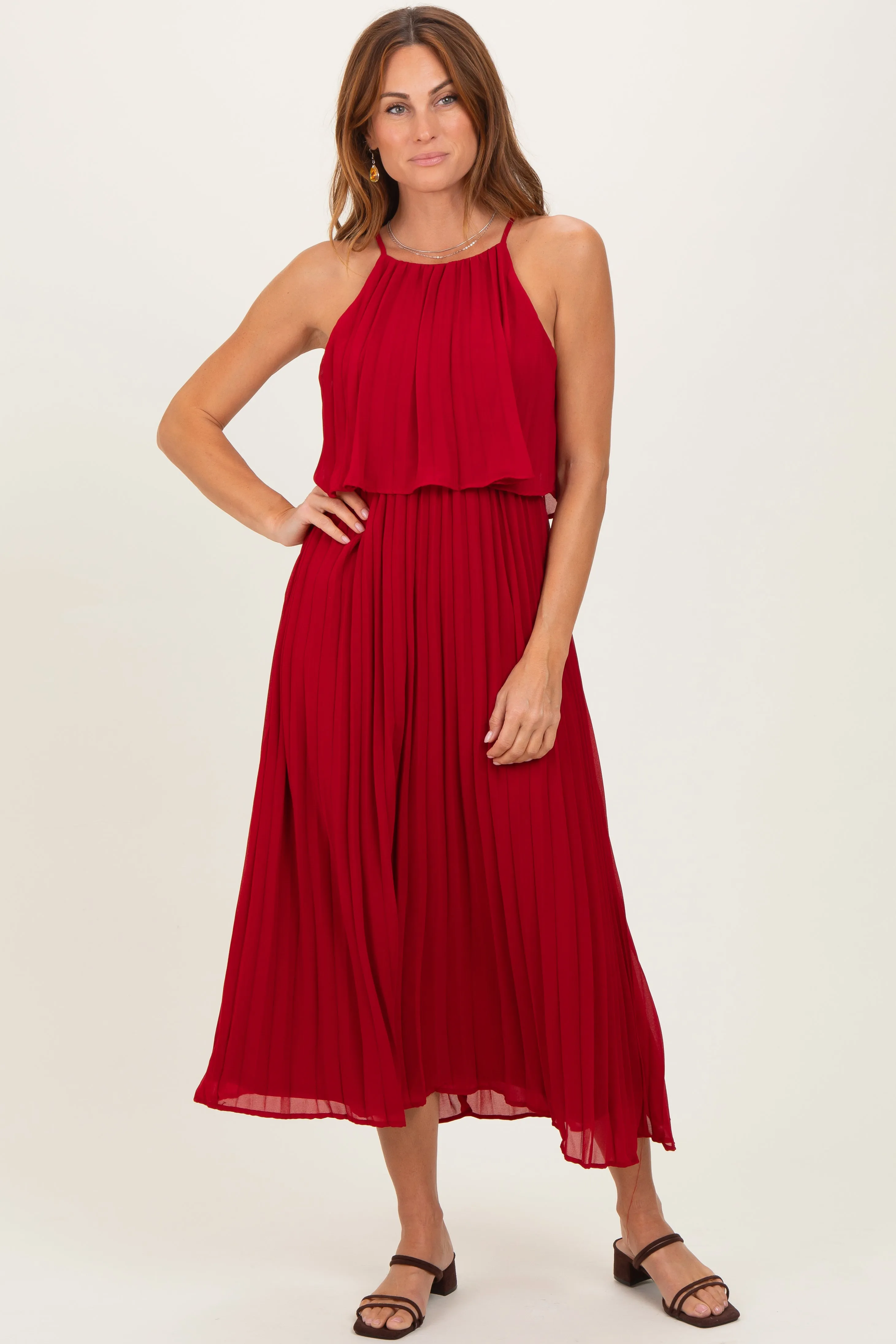 Burgundy Pleated Woven Midi Dress sold by Pinkblush