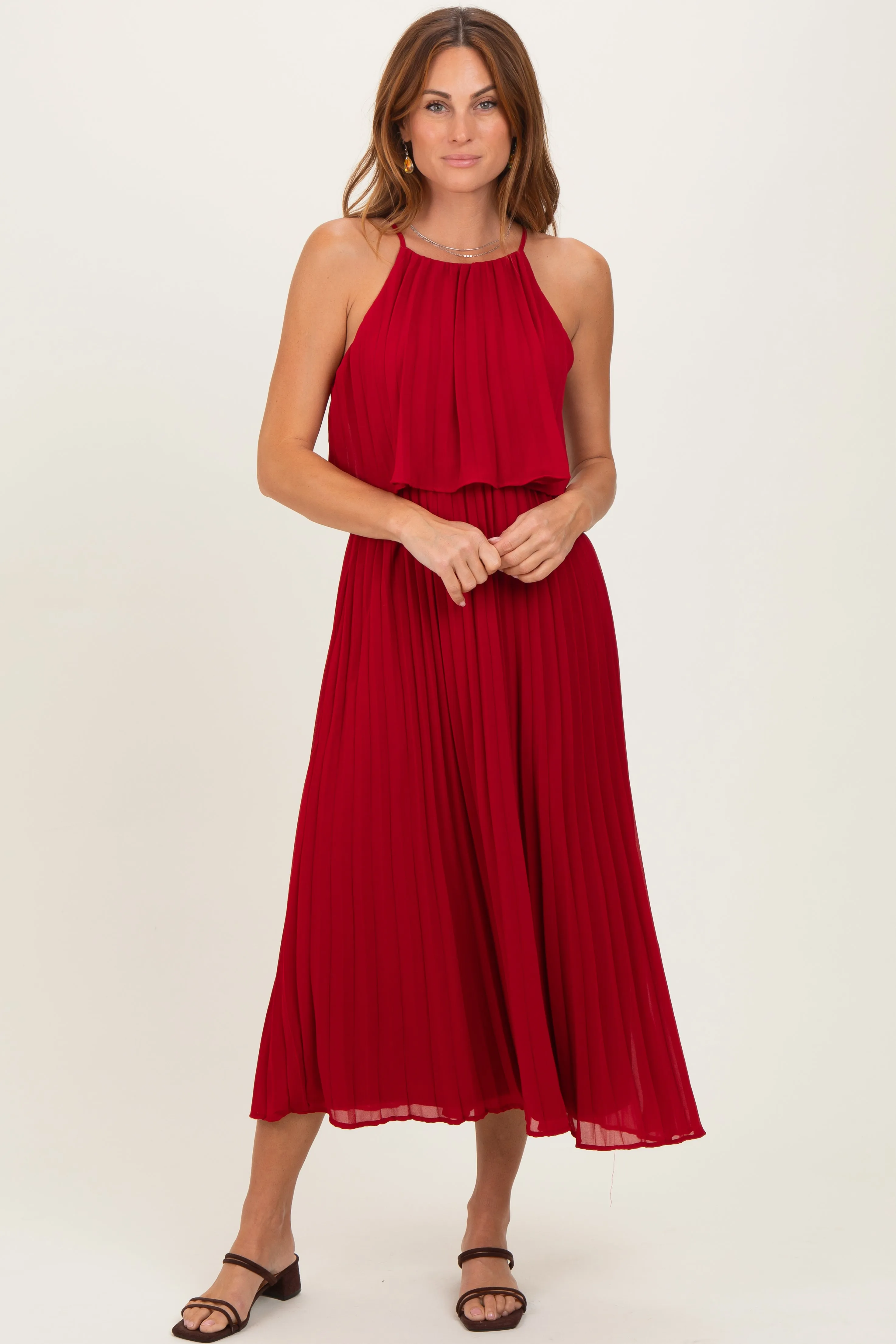 Burgundy Pleated Woven Midi Dress sold by Pinkblush product image thumbnail 2