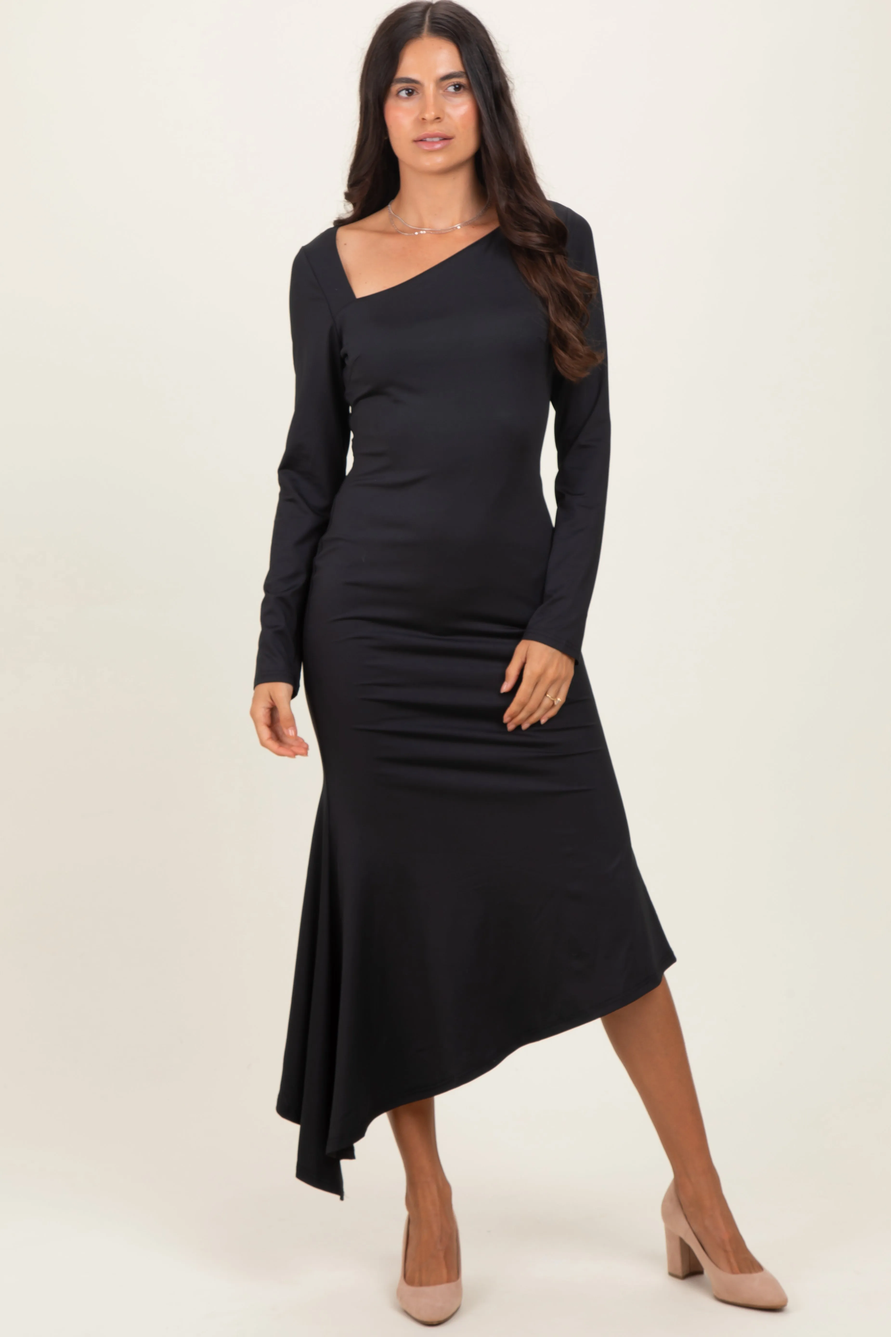 Black Asymmetric Hem Midi Dress sold by Pinkblush