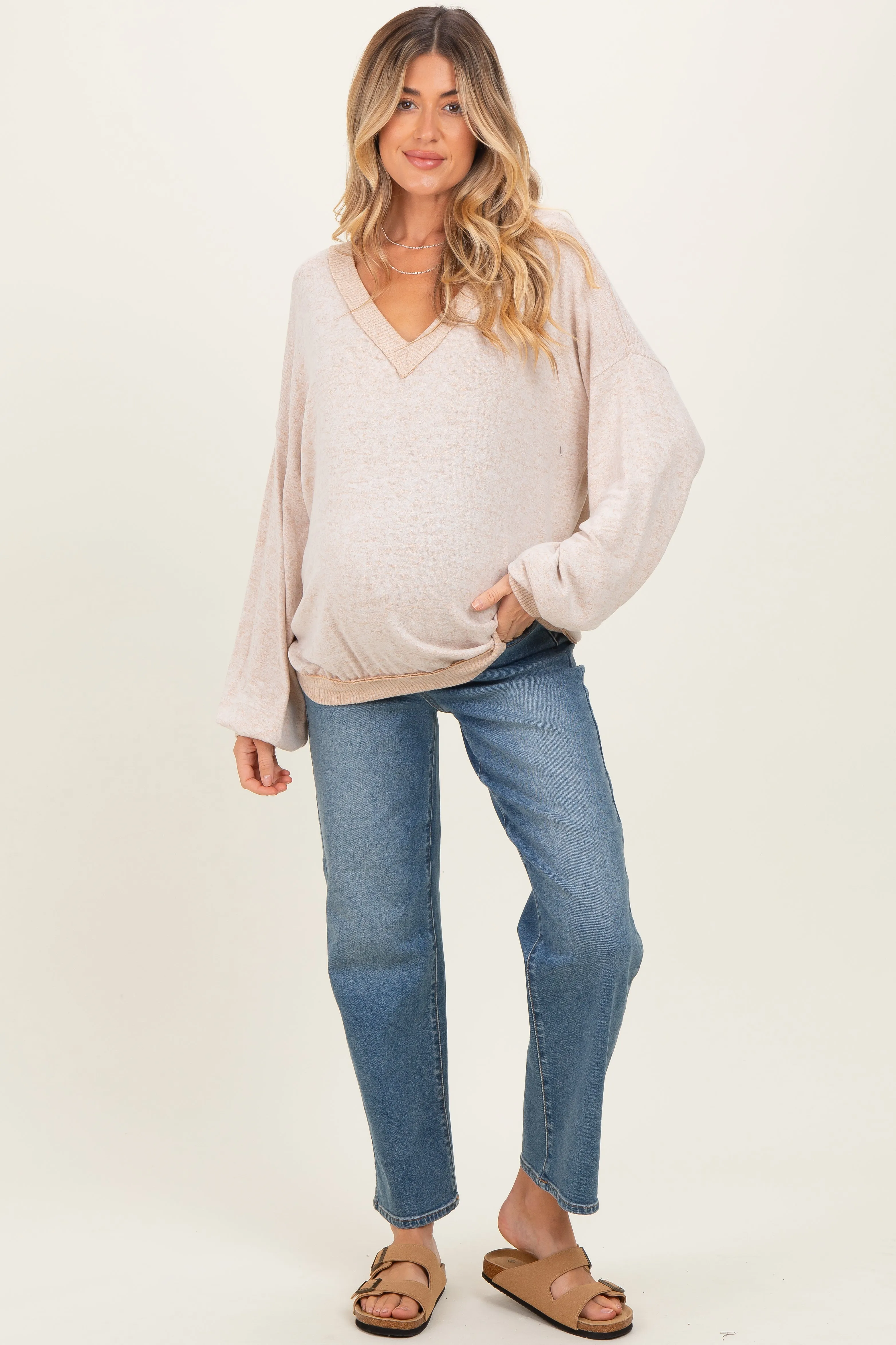 Beige Brushed Long Sleeve Ribbed V-Neck Maternity Top sold by Pinkblush product image thumbnail 3