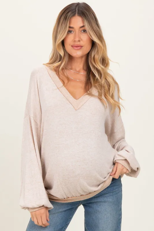 Beige Brushed Long Sleeve Ribbed V-Neck Maternity Top sold by Pinkblush