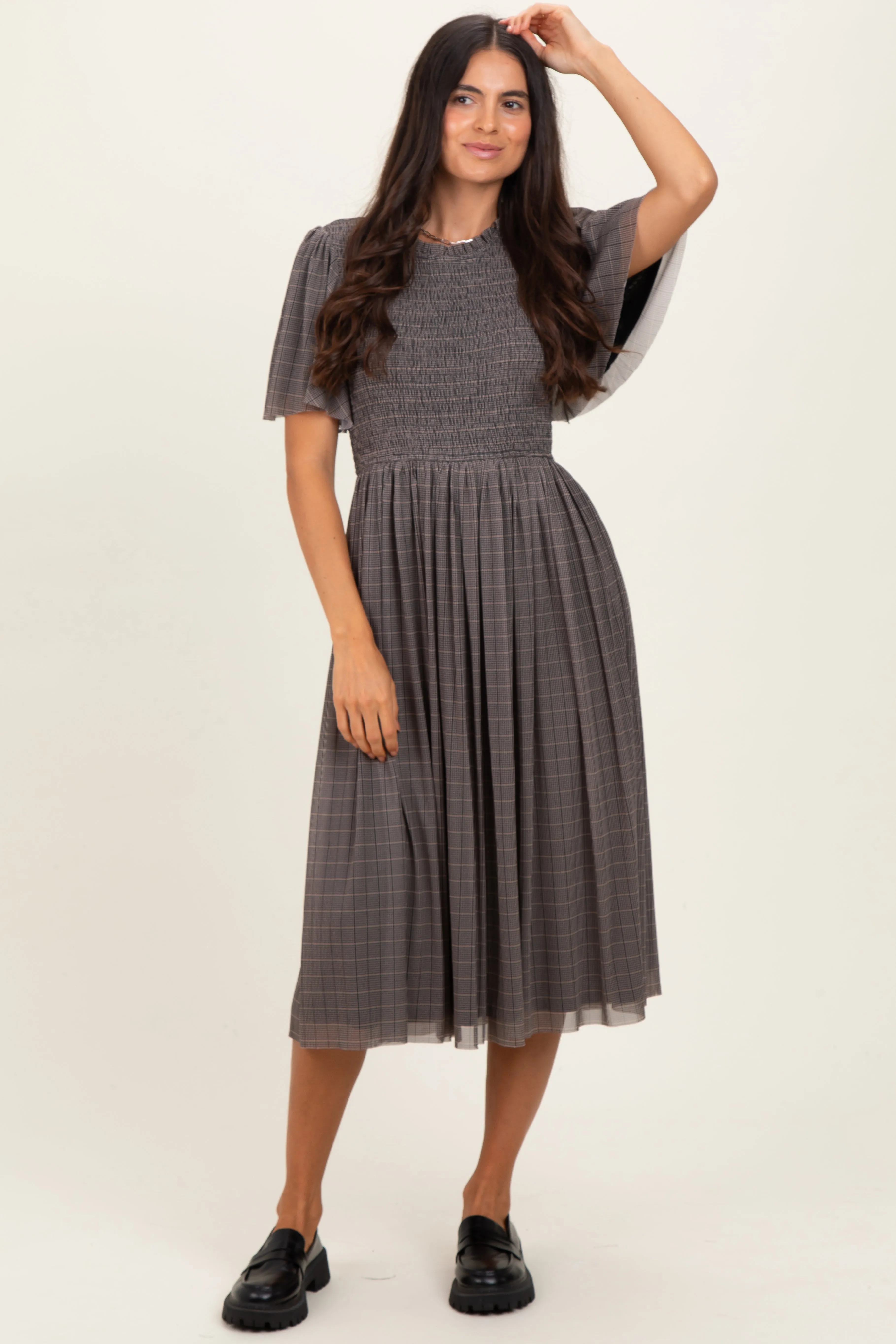 Black Plaid Smocked Mesh Midi Dress sold by Pinkblush product image thumbnail 2