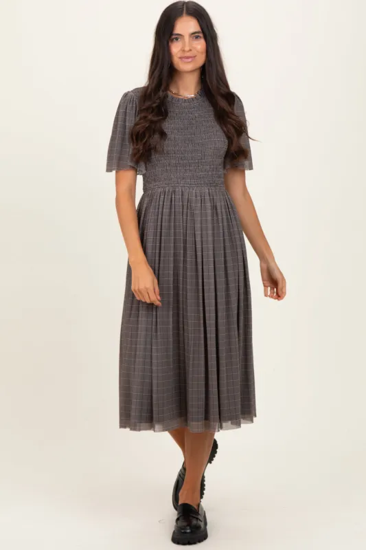 Black Plaid Smocked Mesh Midi Dress sold by Pinkblush