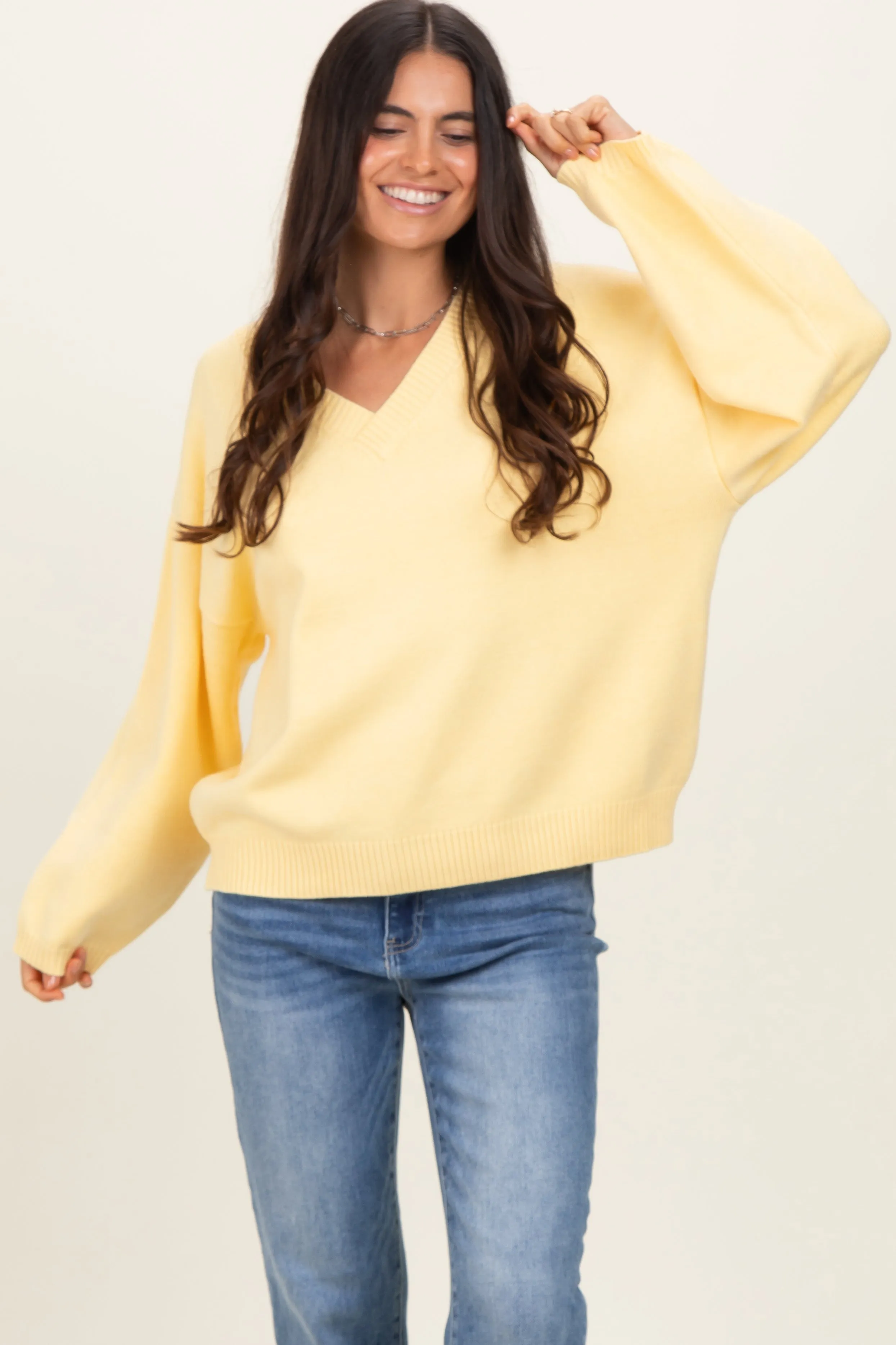 Light Yellow V-Neck Drop Shoulder Sweater sold by Pinkblush product image thumbnail 2