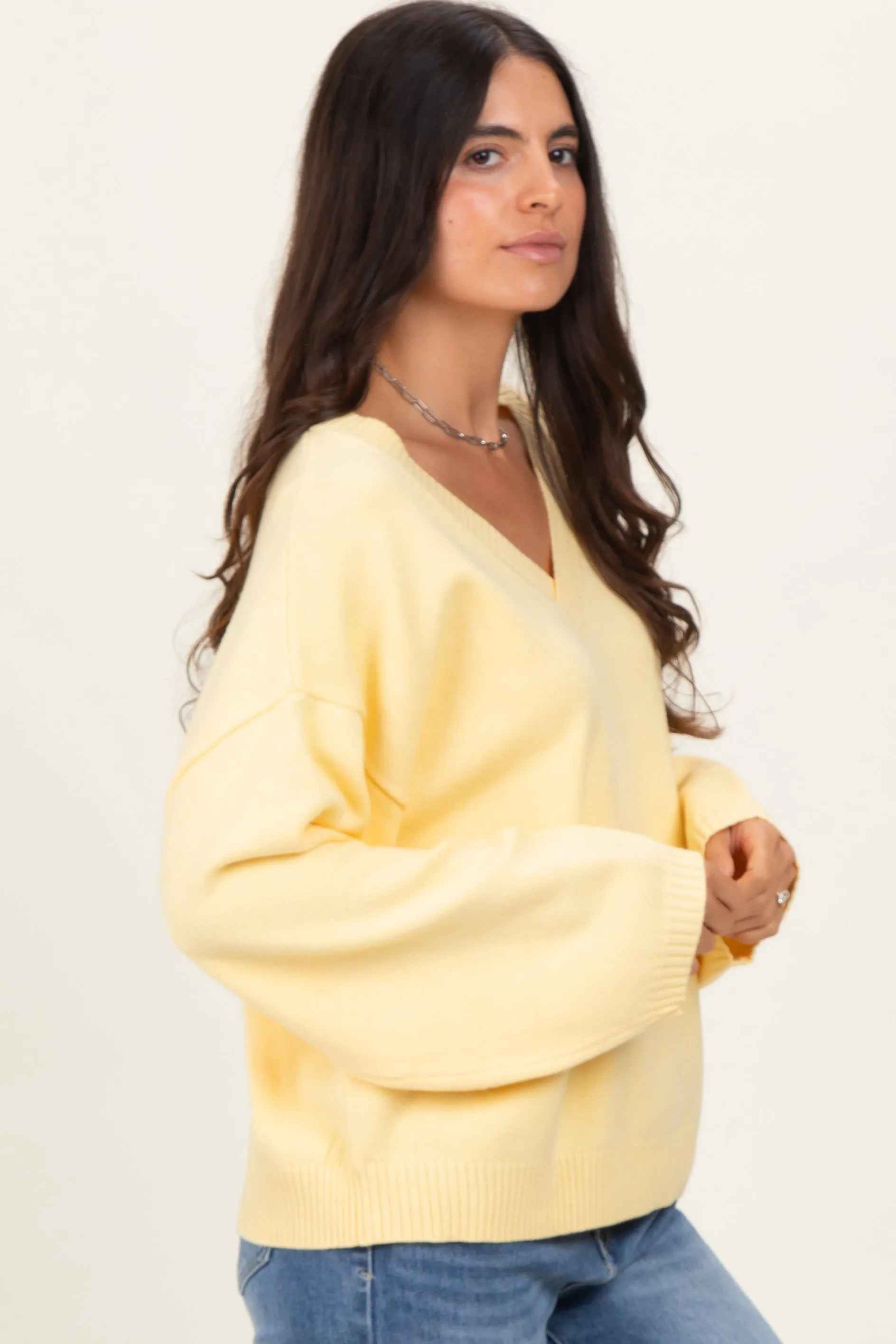 Light Yellow V-Neck Drop Shoulder Sweater sold by Pinkblush product image thumbnail 3