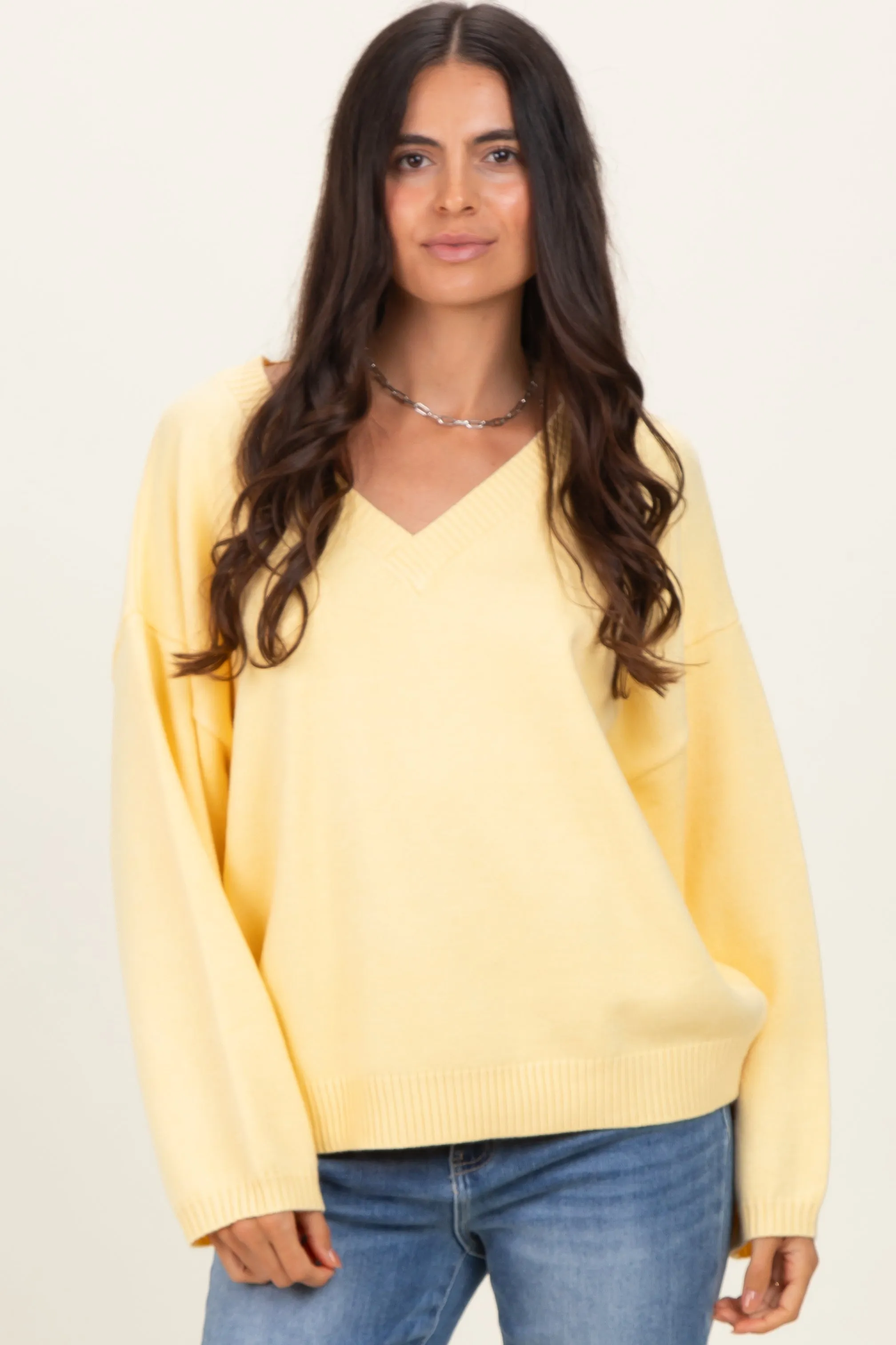Light Yellow V-Neck Drop Shoulder Sweater sold by Pinkblush