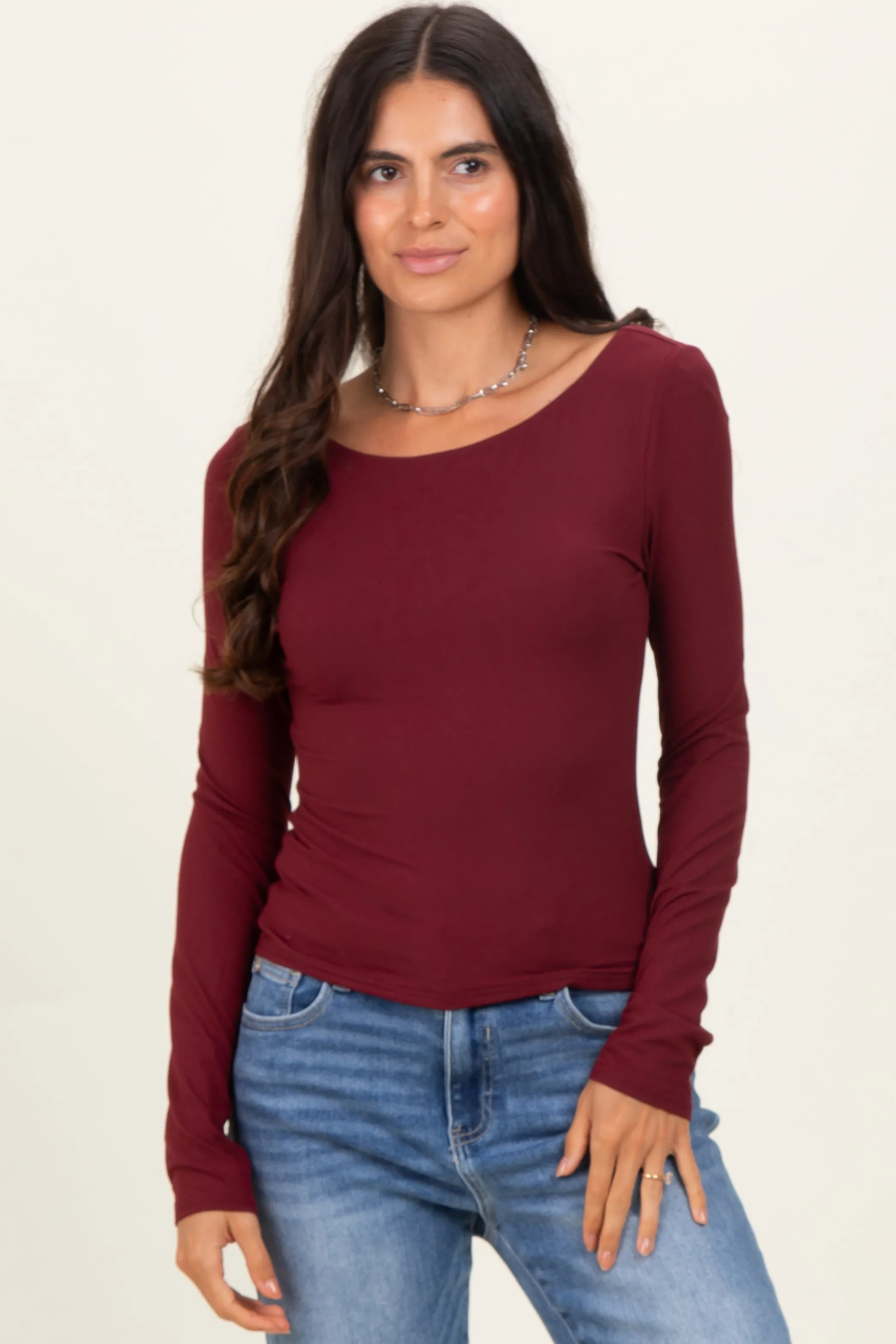 Burgundy Scoop Neck Long Sleeve Top sold by Pinkblush product image thumbnail 2