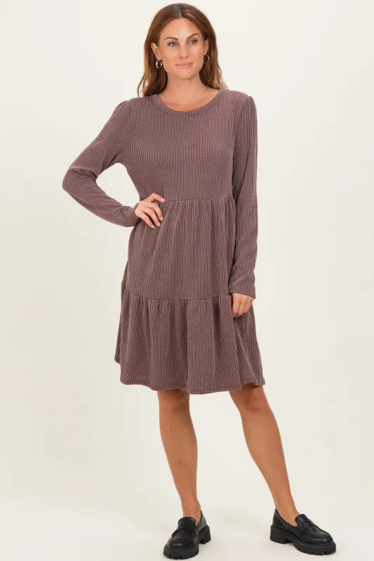 Brown Textured Rib Tiered Long Sleeve Dress sold by Pinkblush