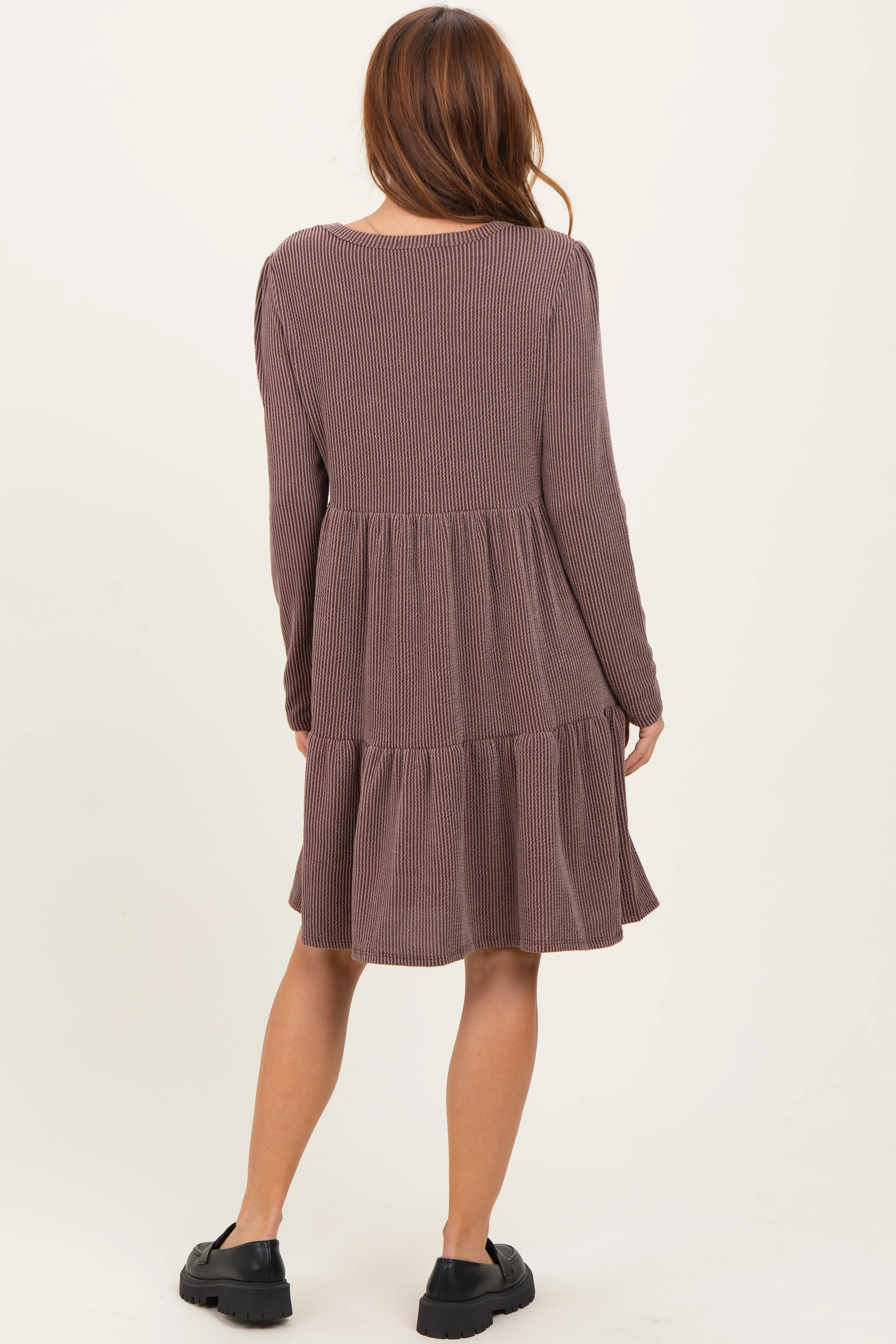 Brown Textured Rib Tiered Long Sleeve Dress sold by Pinkblush product image thumbnail 2