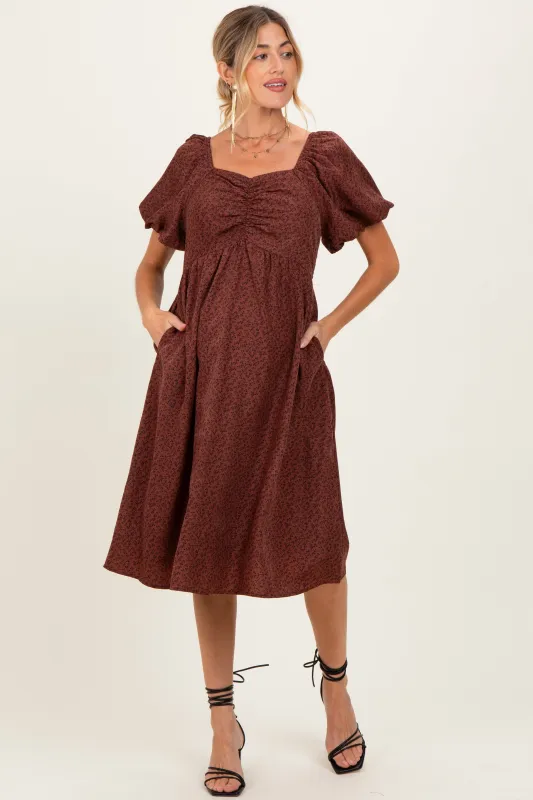 Brown Ruched Sweetheart Neck Maternity Dress sold by Pinkblush