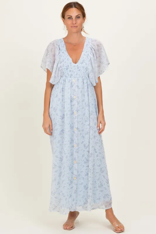 Ivory Floral Chiffon Short Sleeve V-Neck Smocked Top Maxi Dress sold by Pinkblush