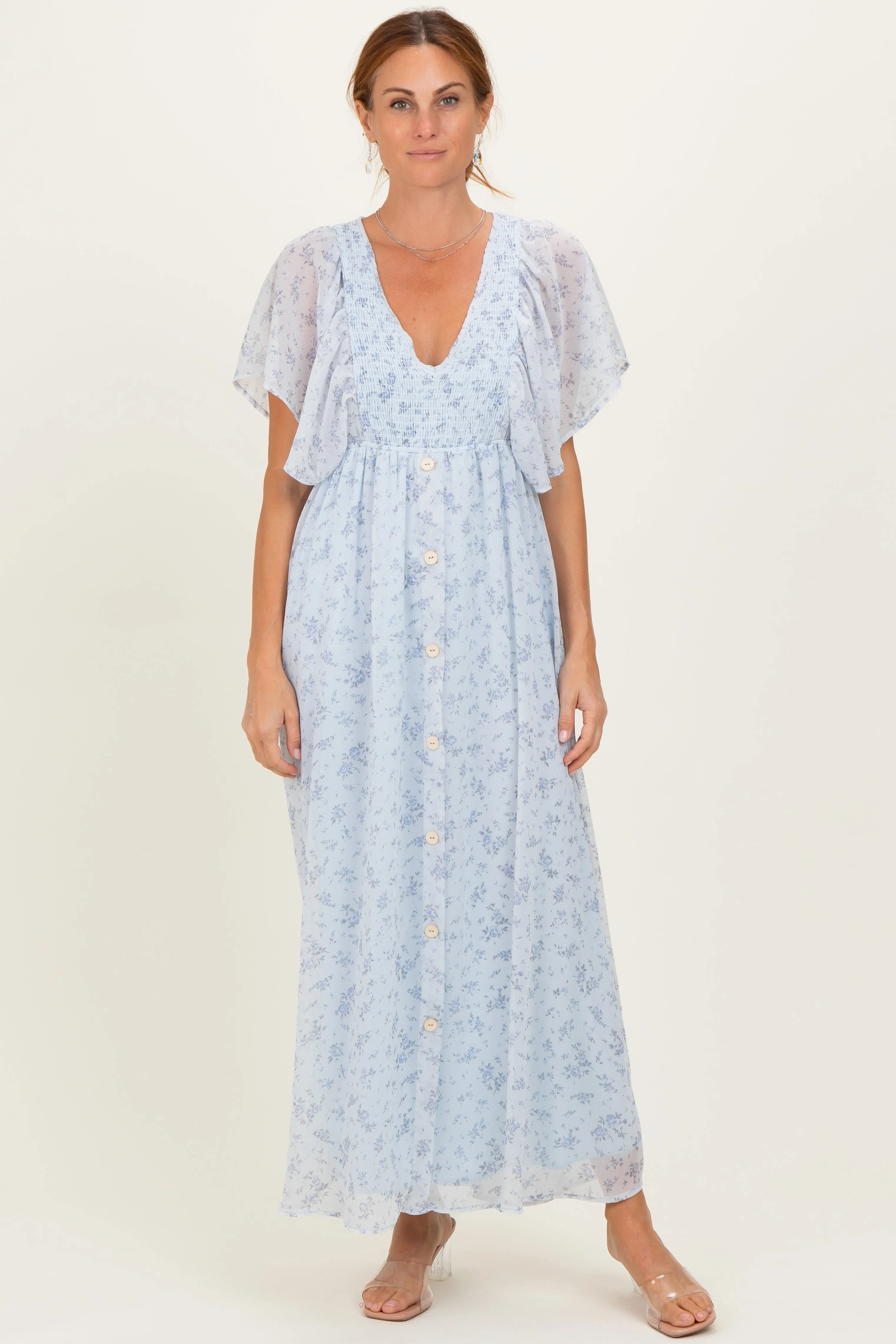 Ivory Floral Chiffon Short Sleeve V-Neck Smocked Top Maxi Dress sold by Pinkblush