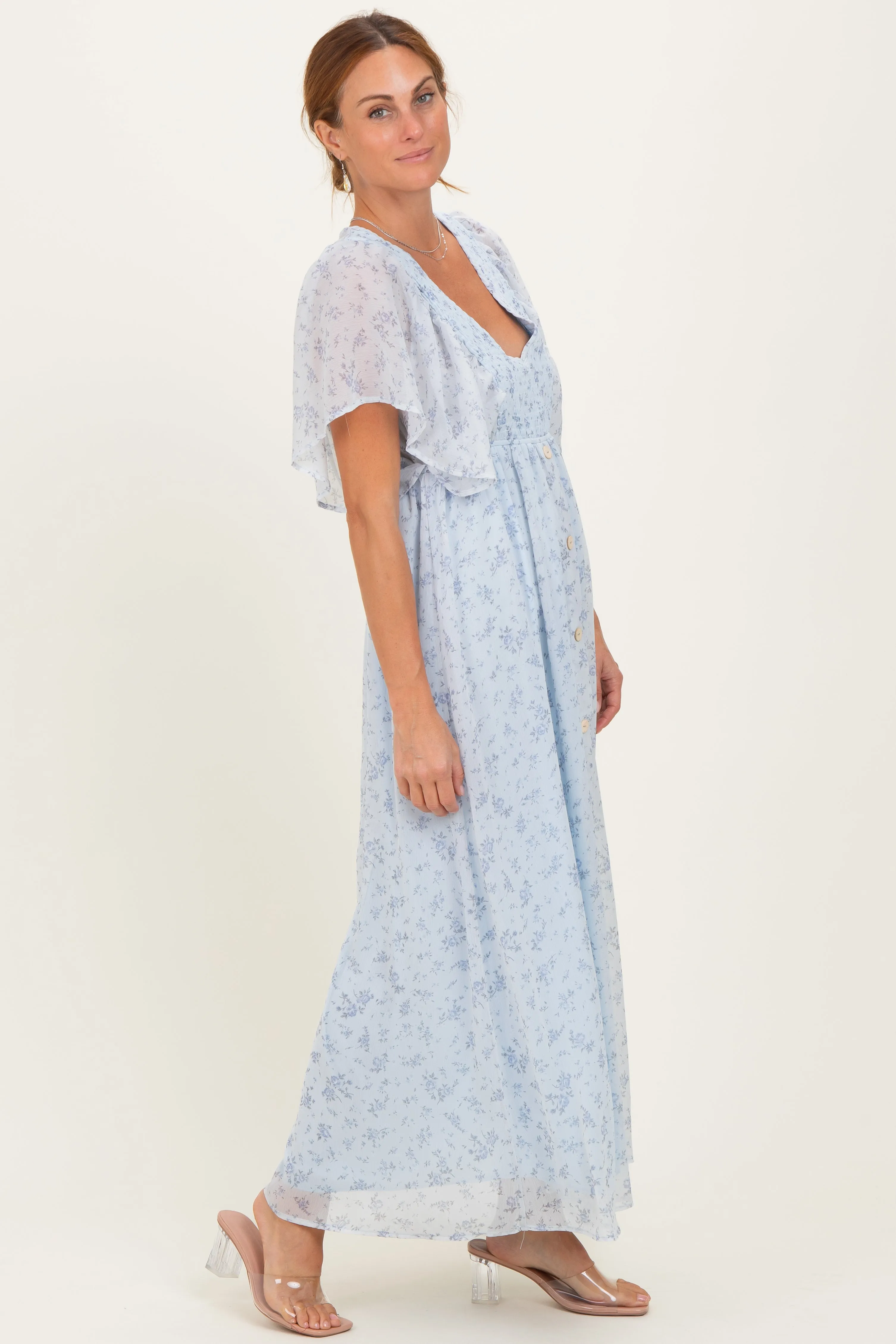 Ivory Floral Chiffon Short Sleeve V-Neck Smocked Top Maxi Dress sold by Pinkblush product image thumbnail 3