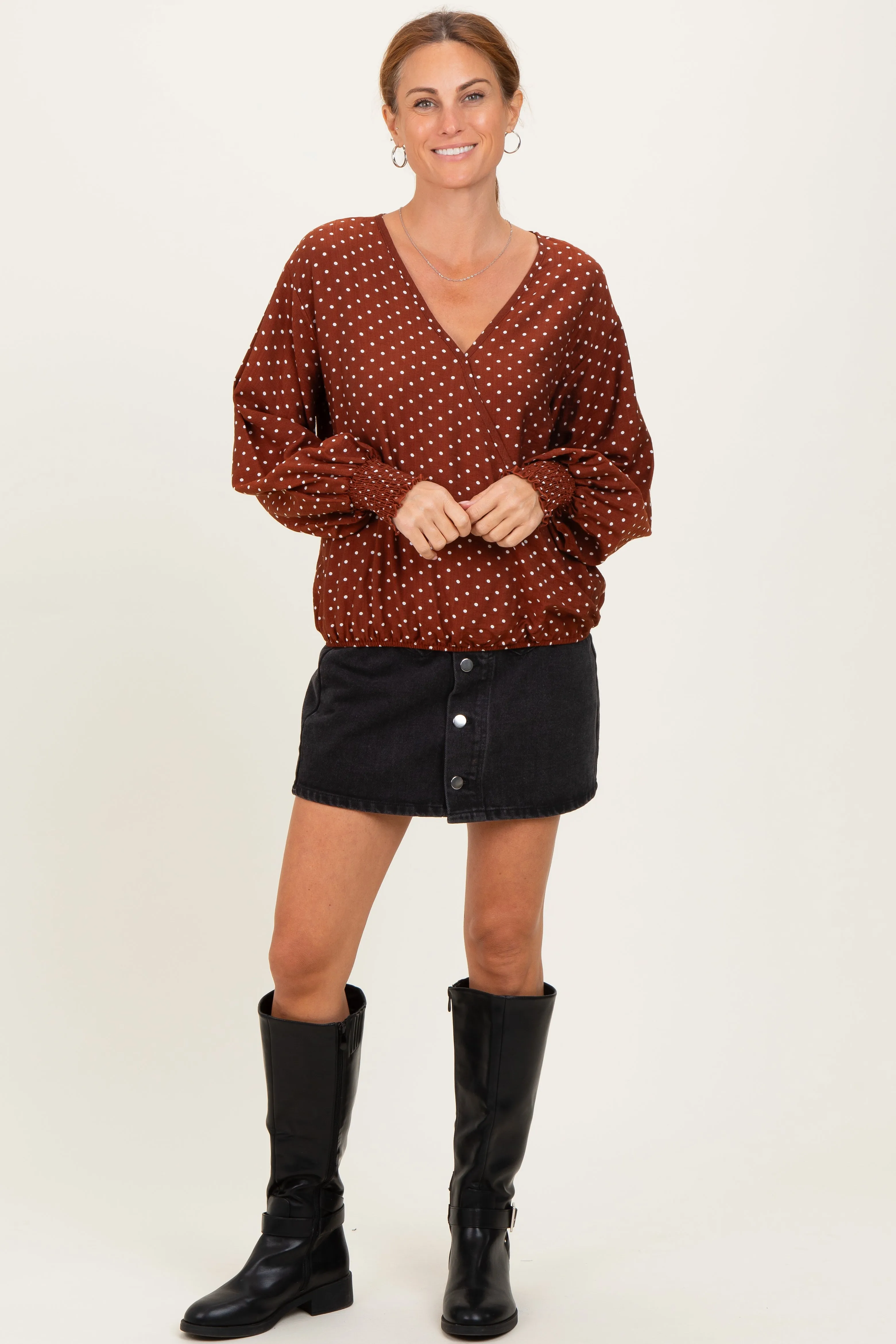 Brown Polka Dot Long Sleeve Smocked Top sold by Pinkblush product image thumbnail 2