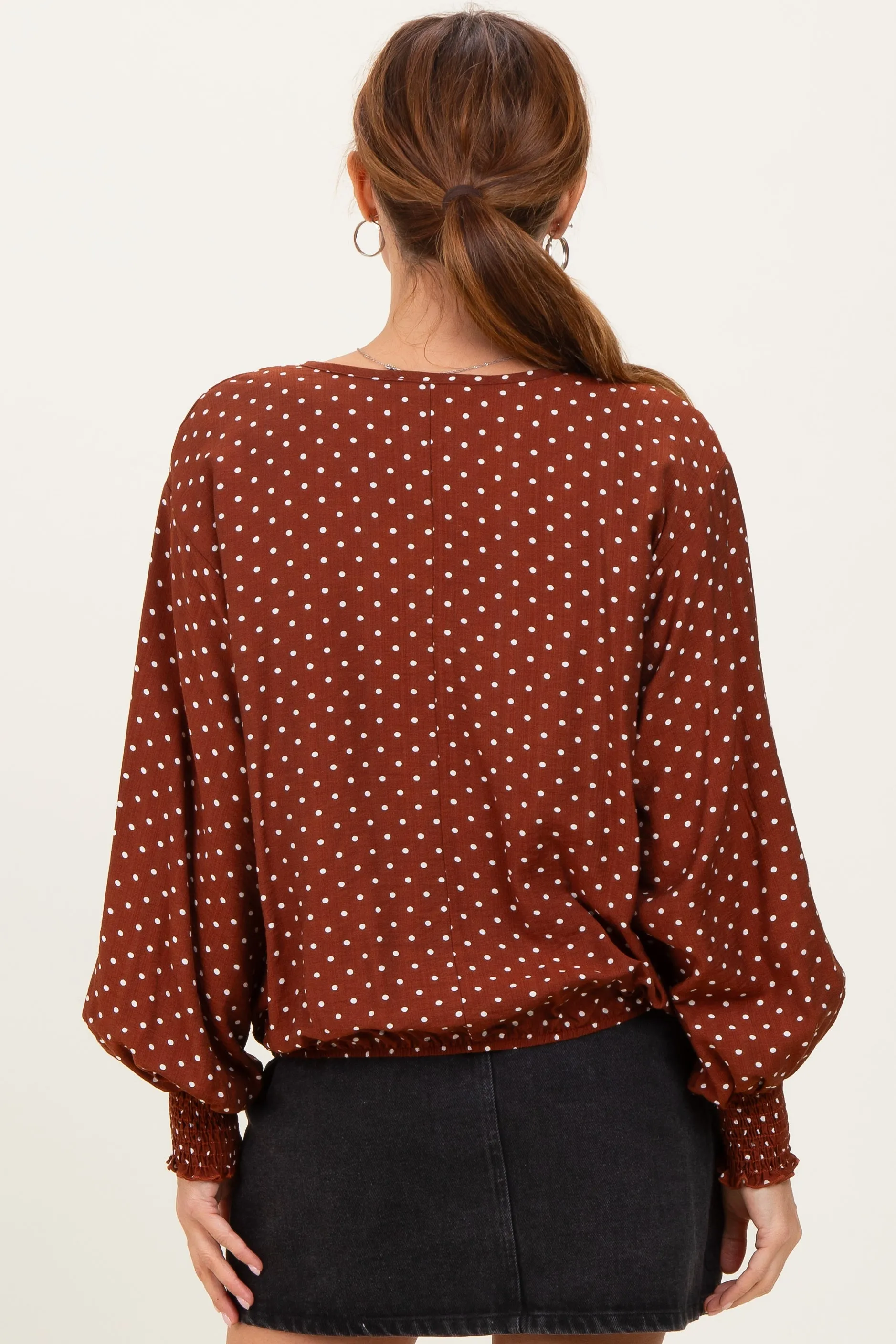 Brown Polka Dot Long Sleeve Smocked Top sold by Pinkblush product image thumbnail 4
