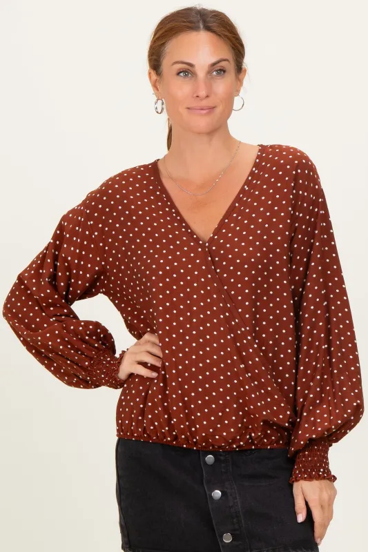 Brown Polka Dot Long Sleeve Smocked Top sold by Pinkblush
