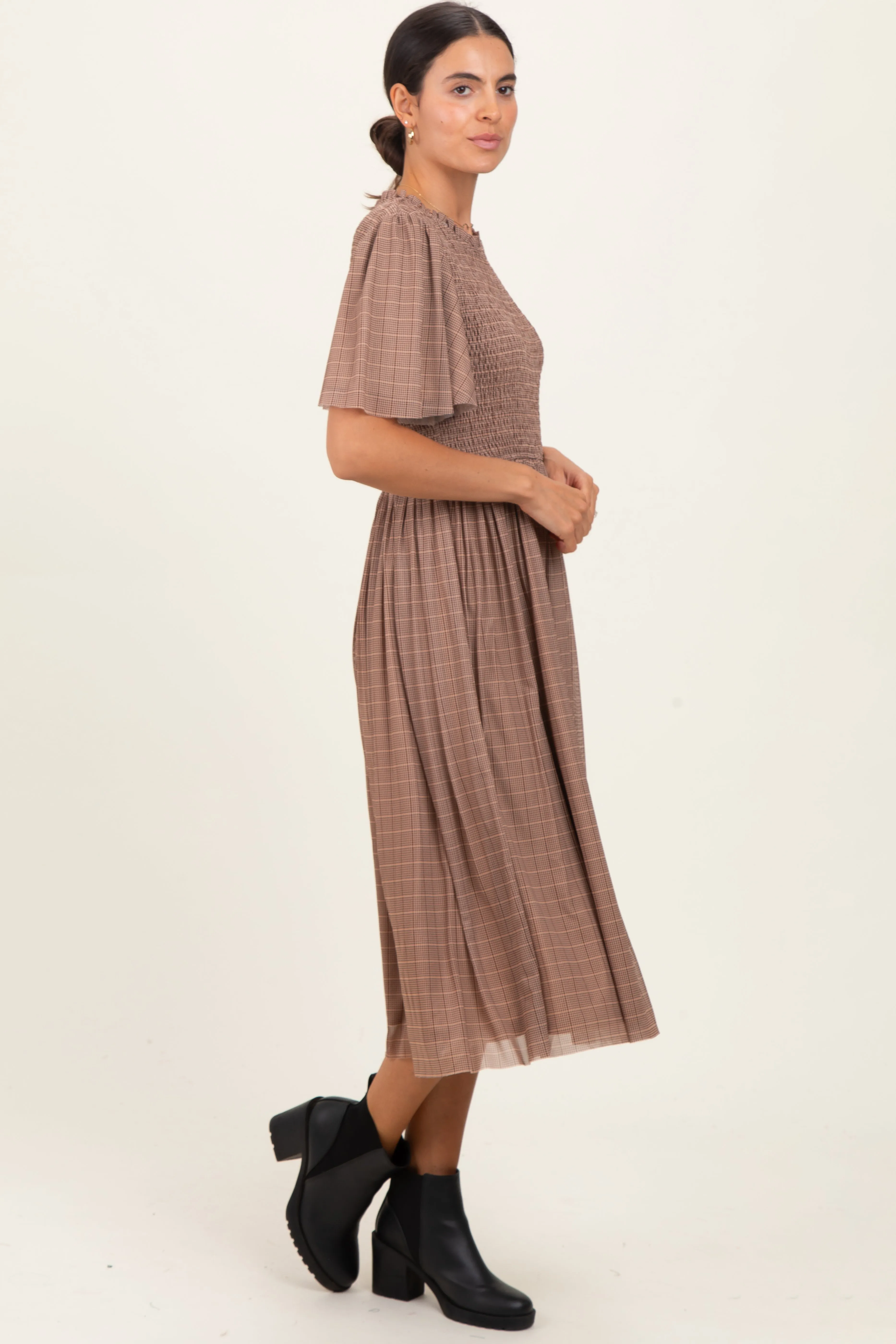 Beige Plaid Smocked Mesh Midi Dress sold by Pinkblush product image thumbnail 2