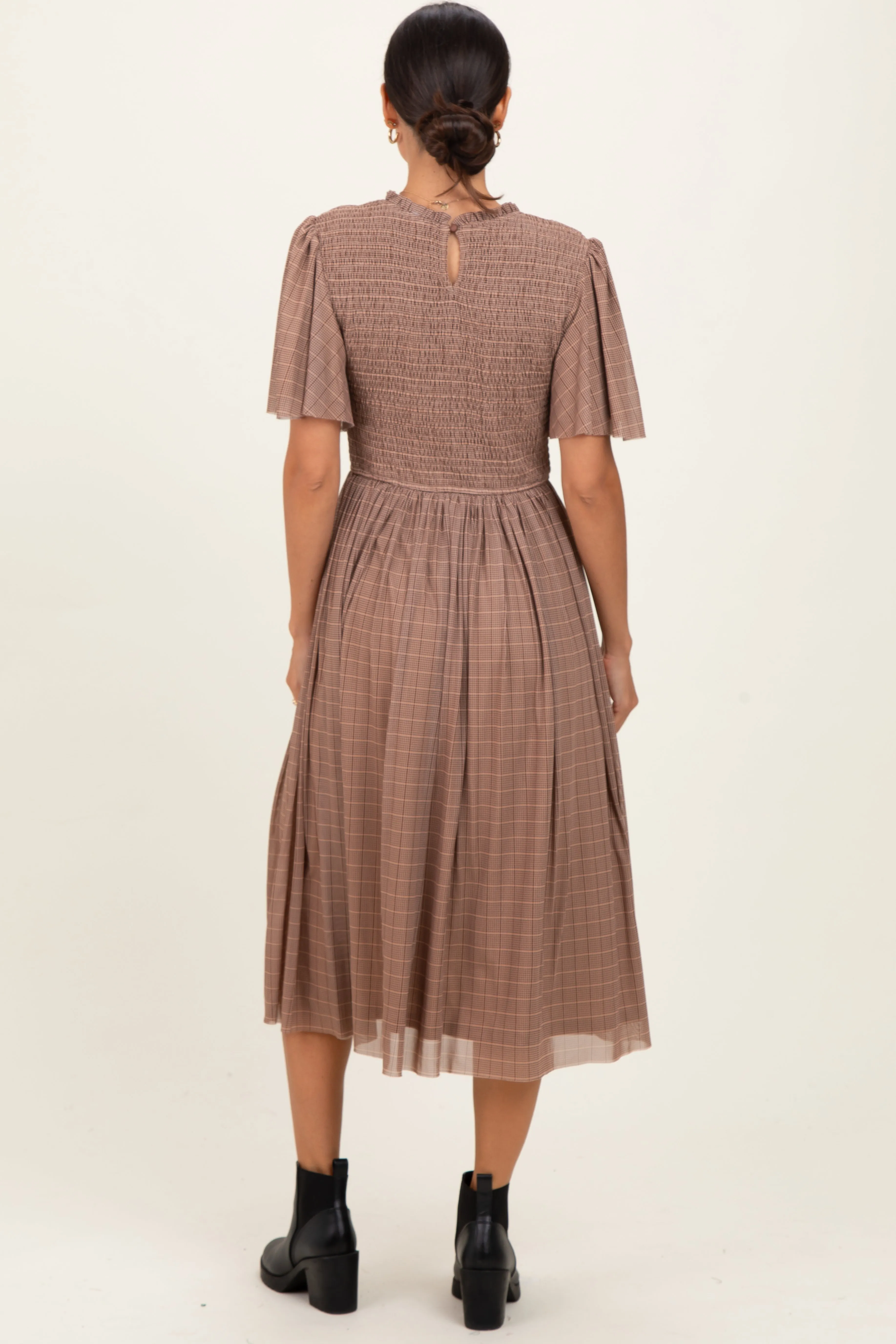 Beige Plaid Smocked Mesh Midi Dress sold by Pinkblush product image thumbnail 3